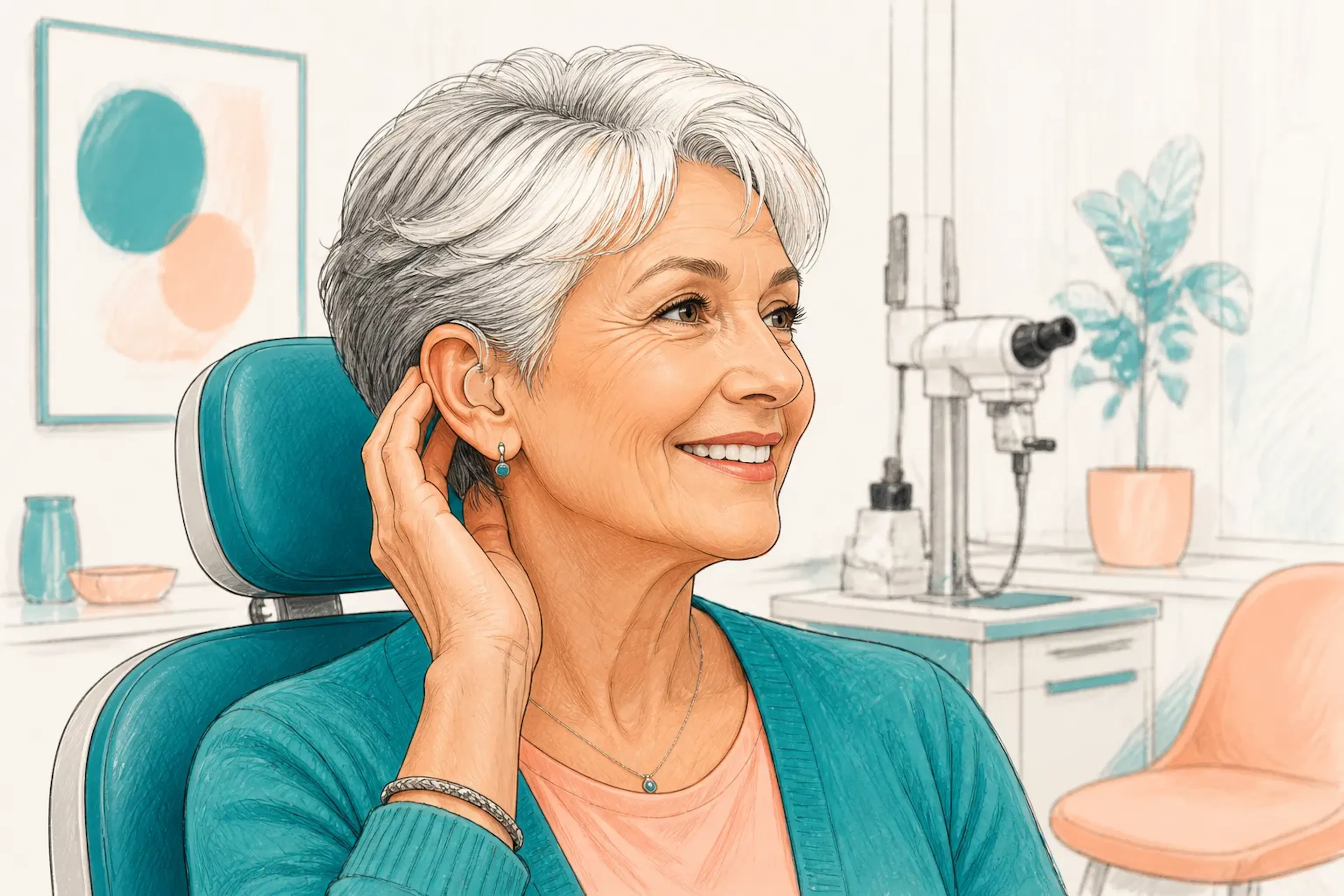 A person wearing hearing aids after receiving ear care in a clinic