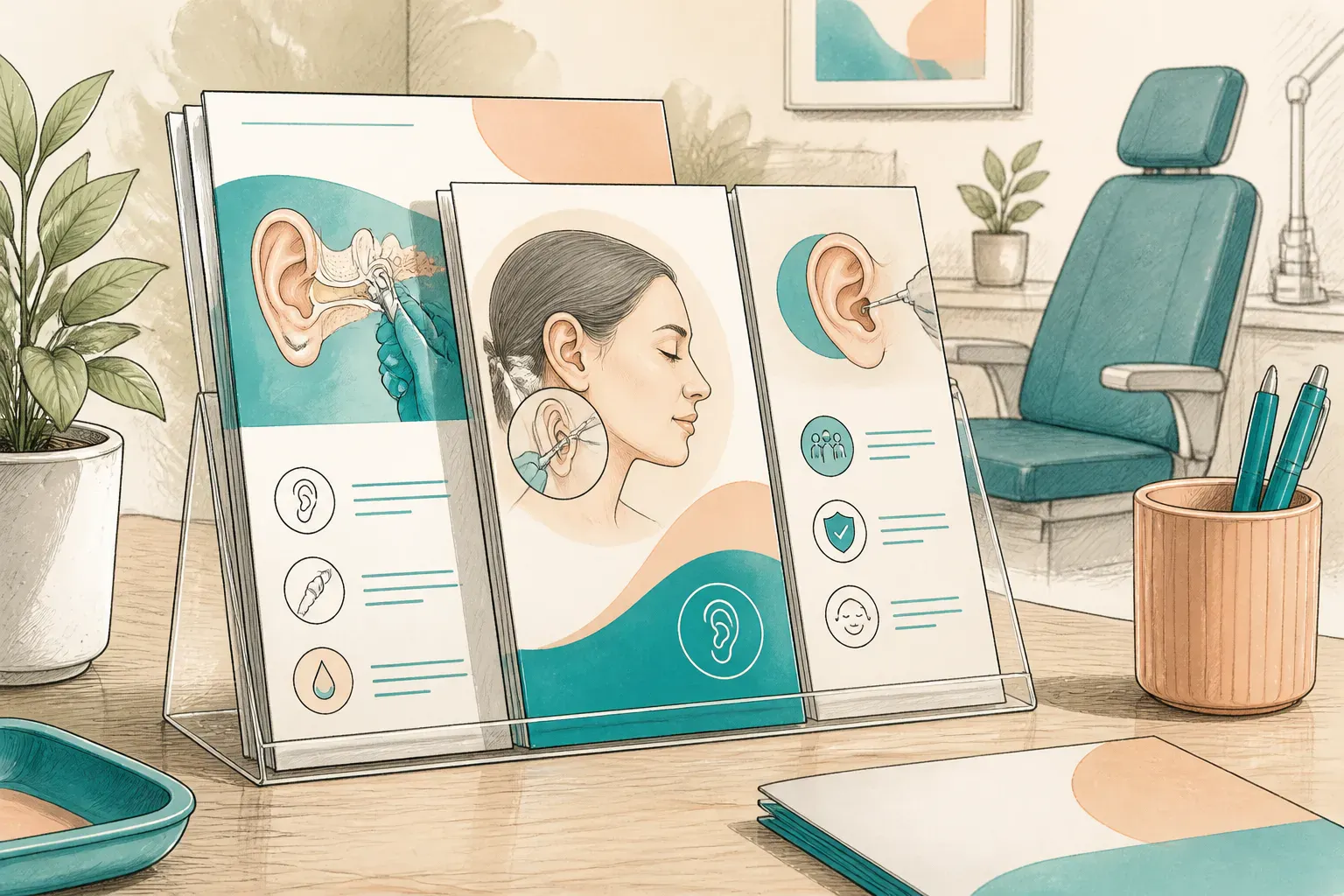 Ear care information leaflets displayed on a clinic desk
