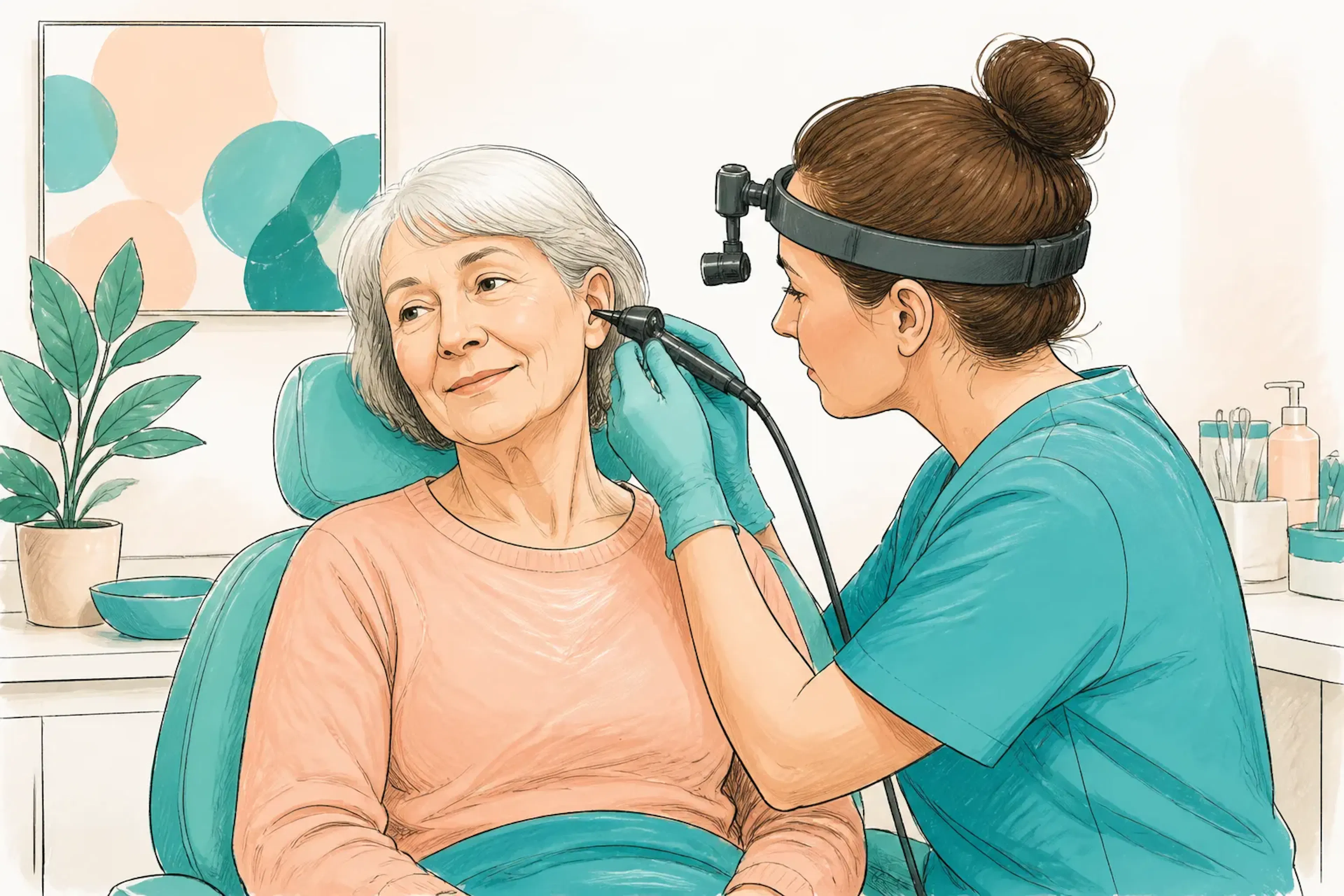 A patient sitting comfortably while having their ear checked by a clinician