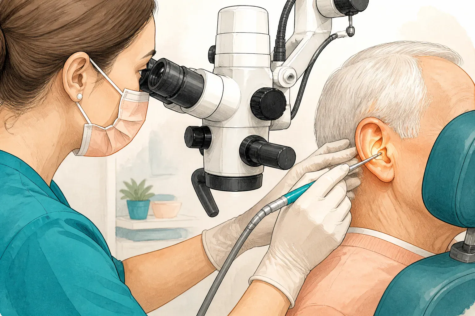 A close-up view of an ear examination under a medical microscope