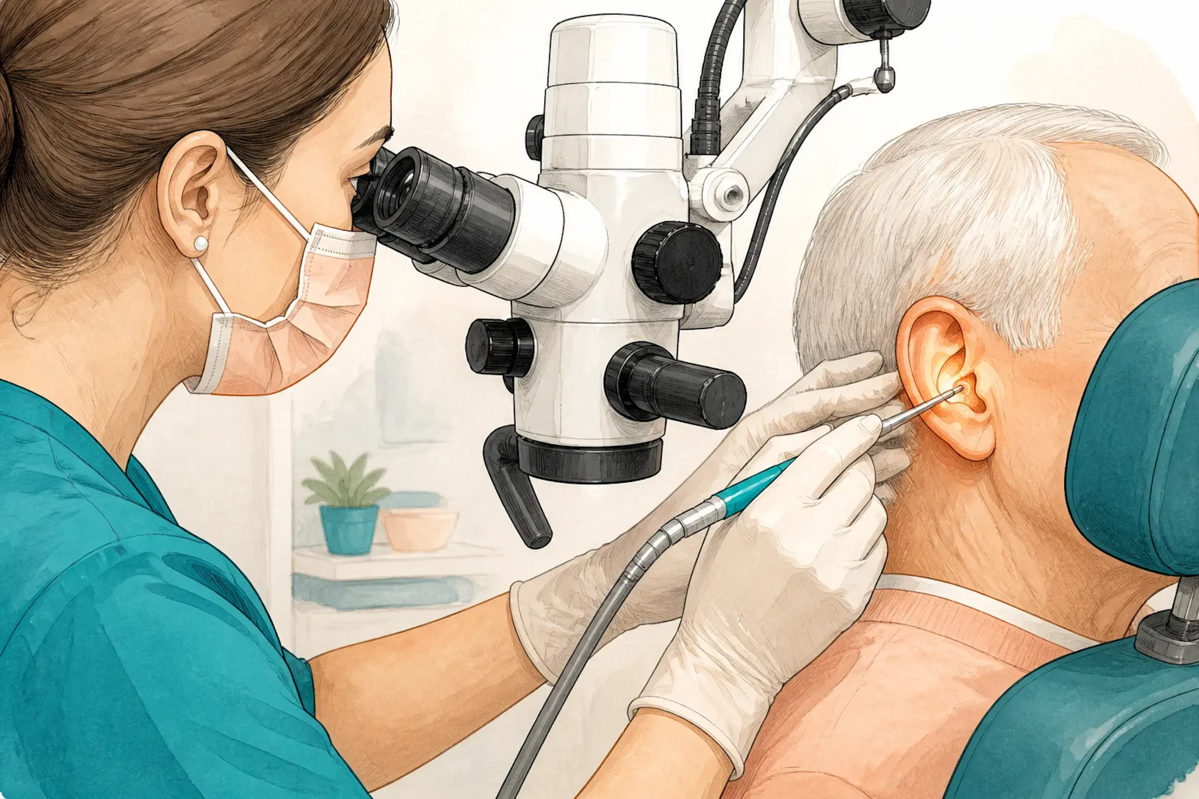 A close-up view of an ear examination under a medical microscope
