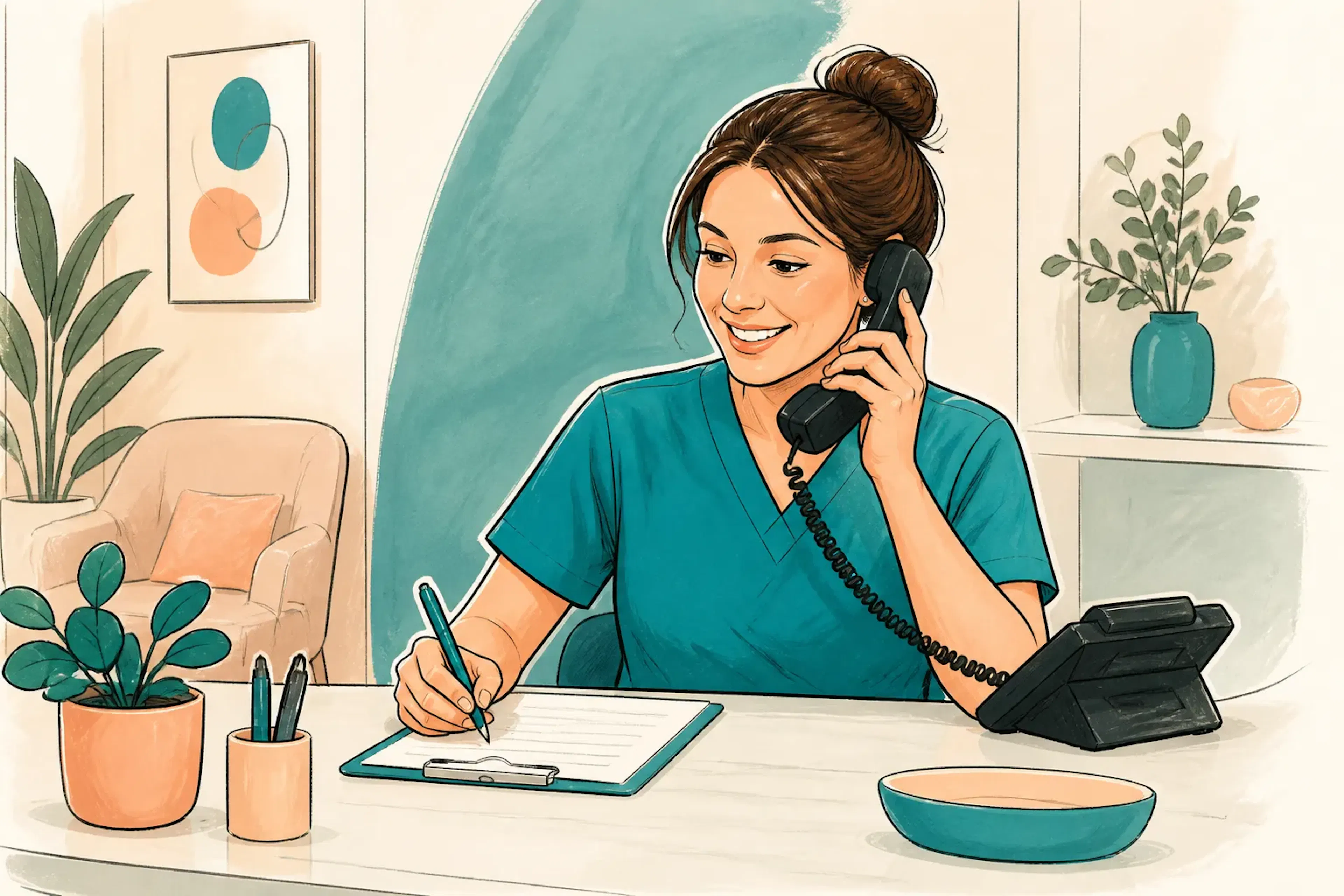 A receptionist confirming an appointment on the phone with a patient
