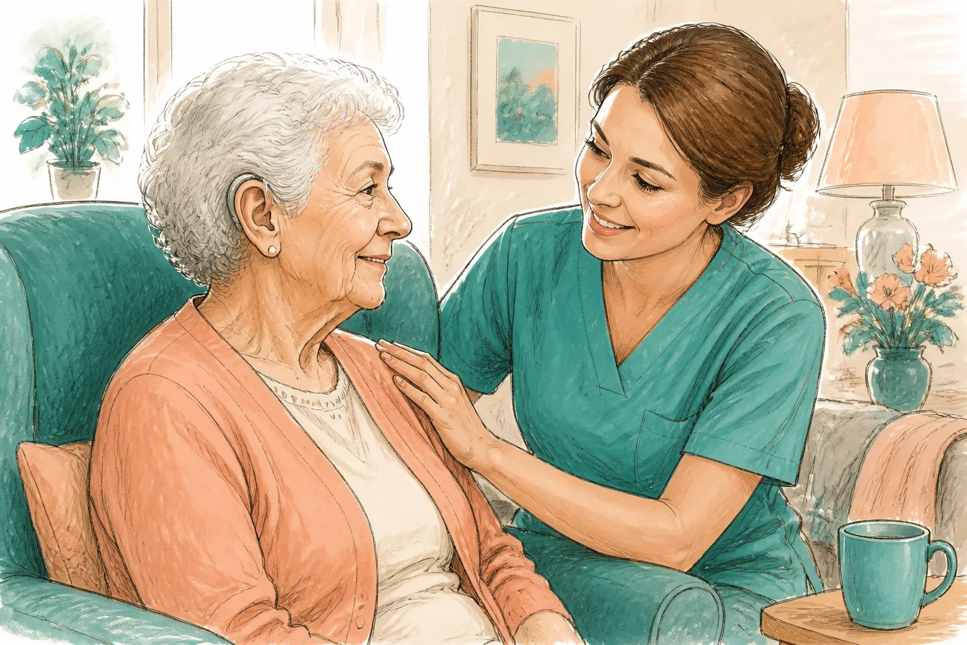 An elderly resident wearing a hearing aid while a carer helps with daily support