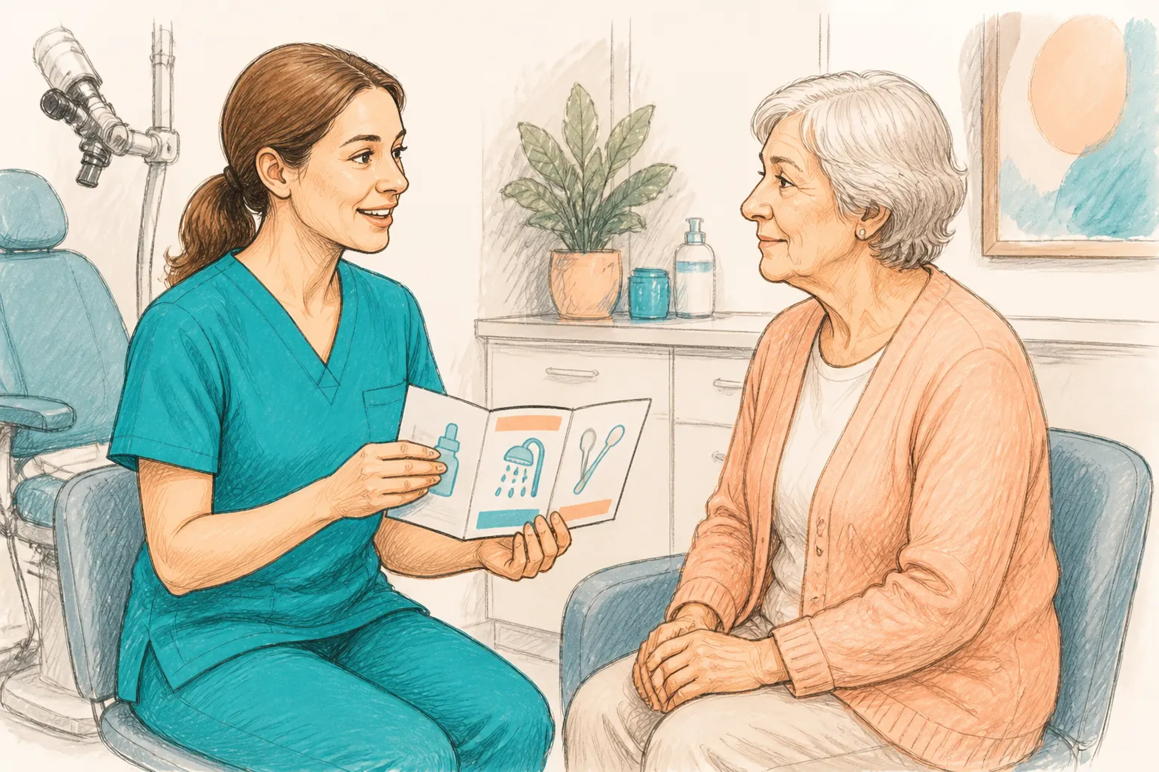 A staff member explaining aftercare advice to a patient at the end of the visit