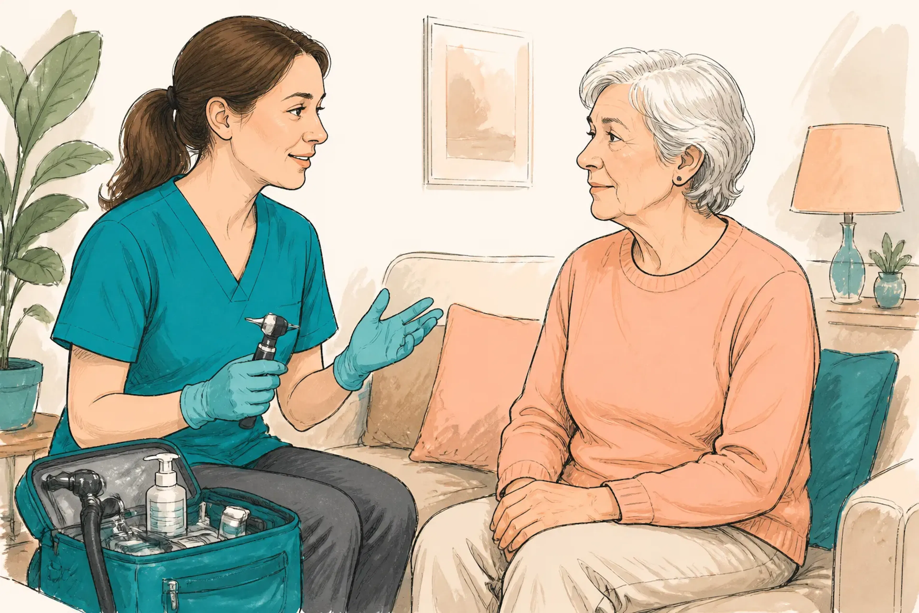 A clinician speaking calmly with a patient in a home setting