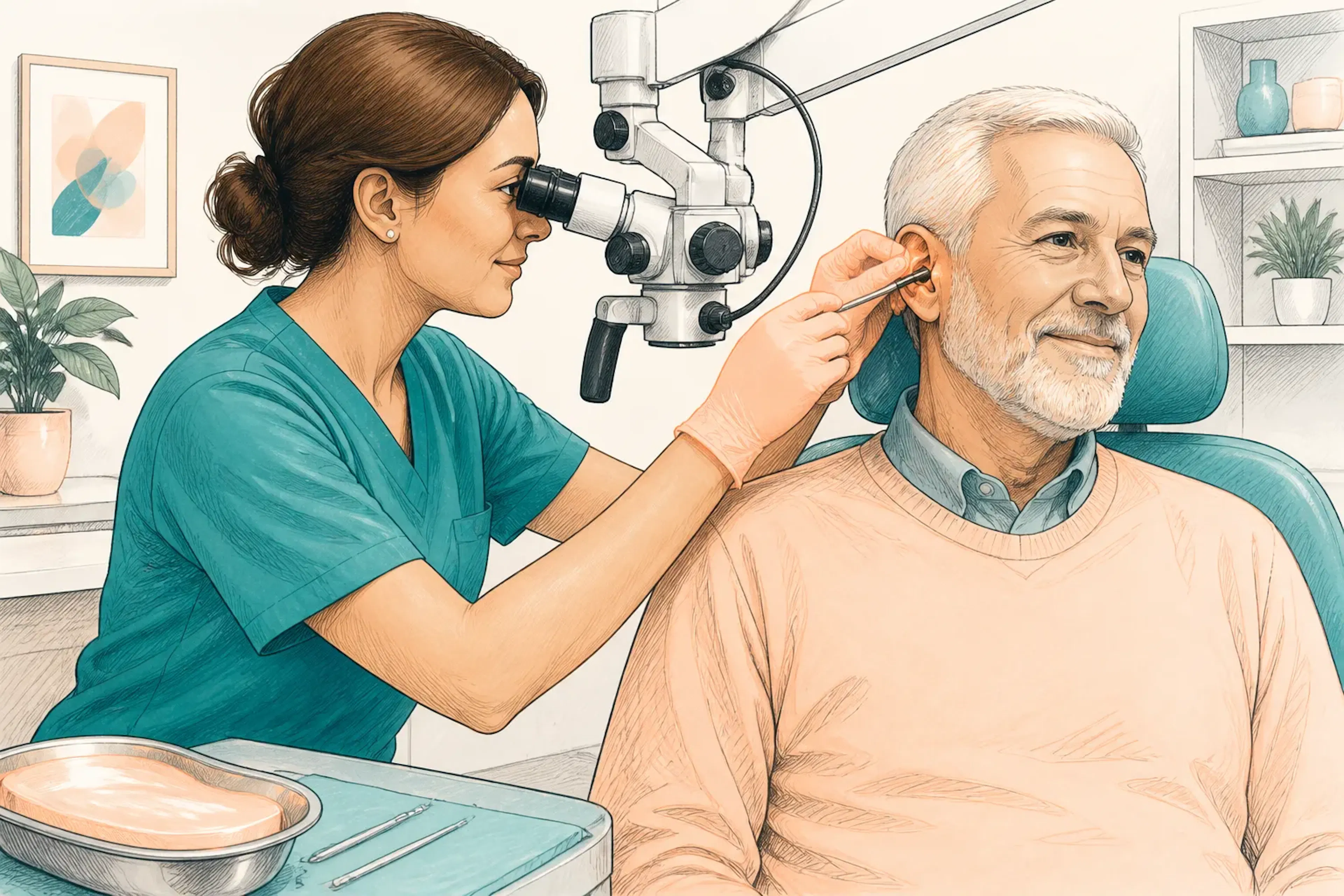An audiologist examining a patient's ear with professional equipment