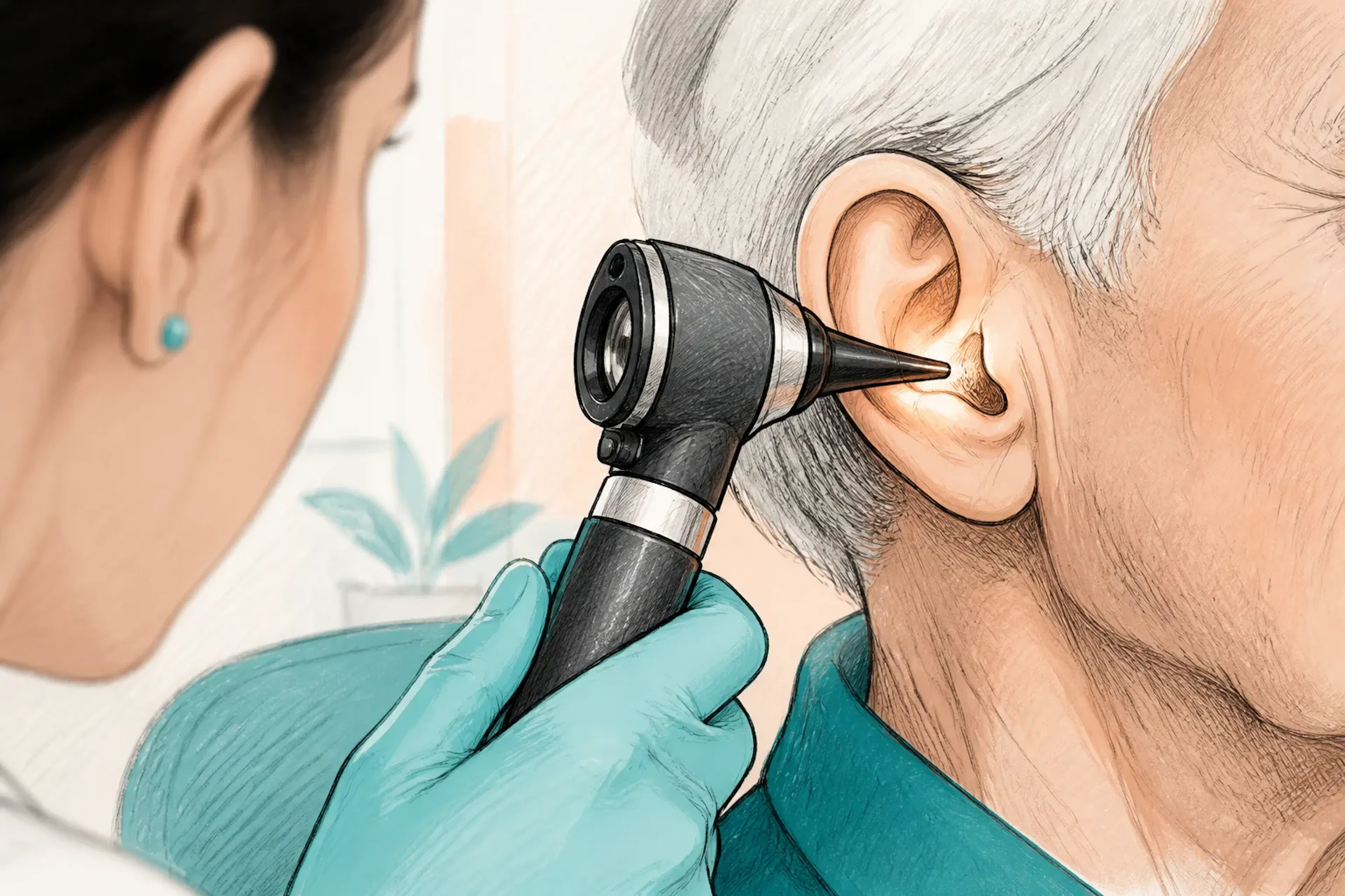 A close-up of an otoscope being used during an ear examination