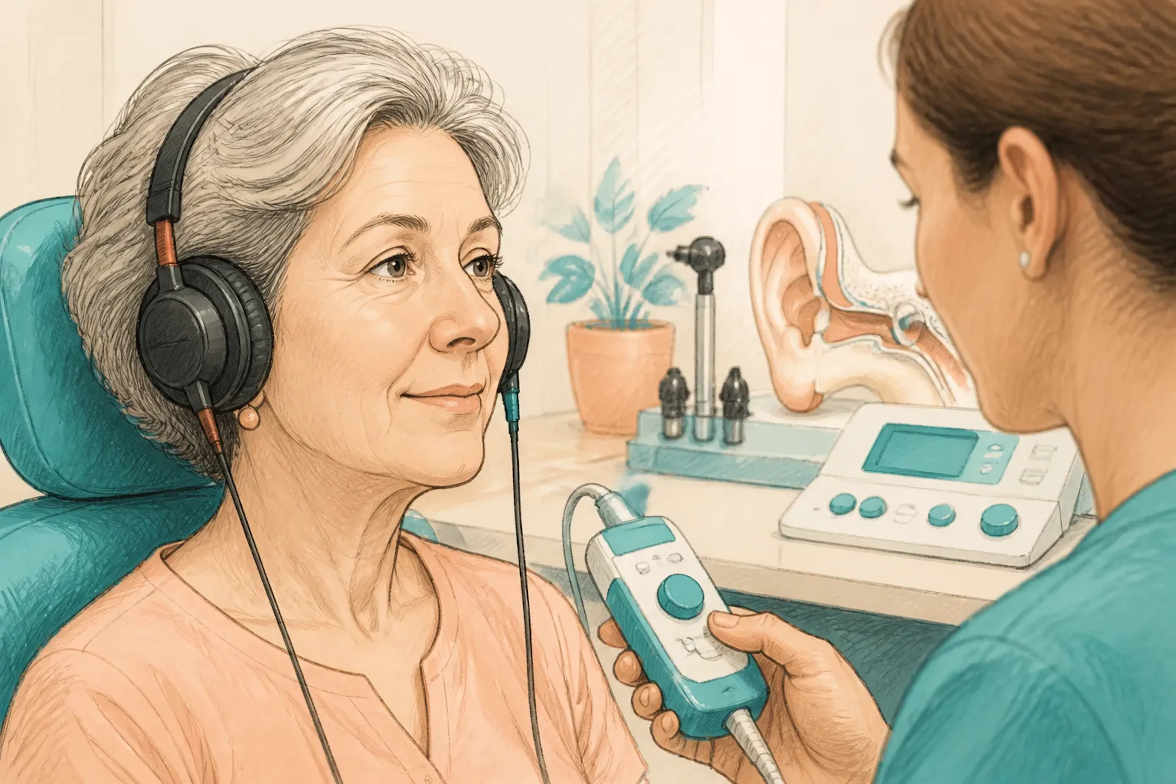 A close-up of a hearing assessment setup in a clinical environment