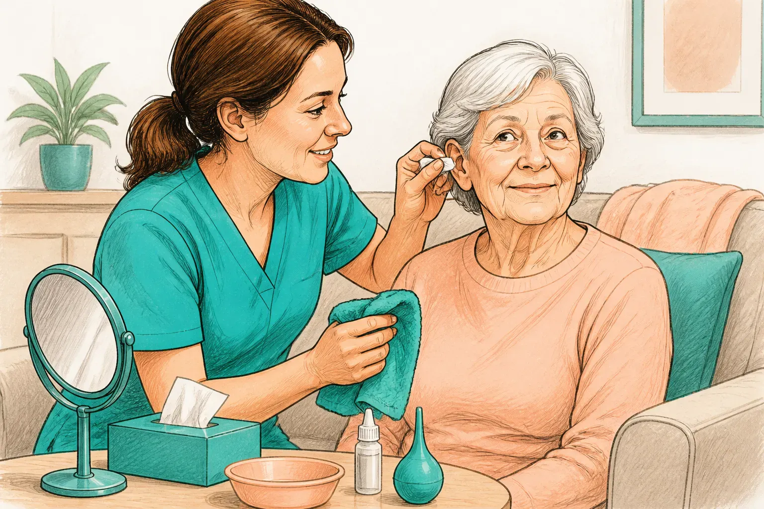 A care worker helping an older adult prepare for an ear health check