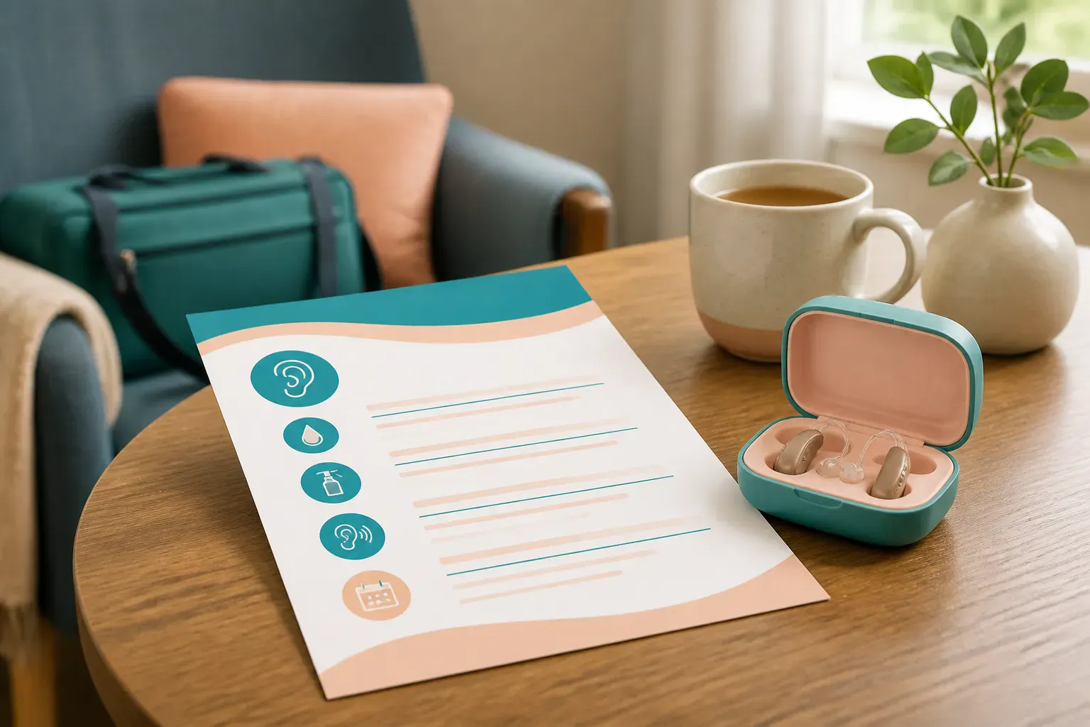 A follow-up advice sheet and hearing aid case on a table after treatment