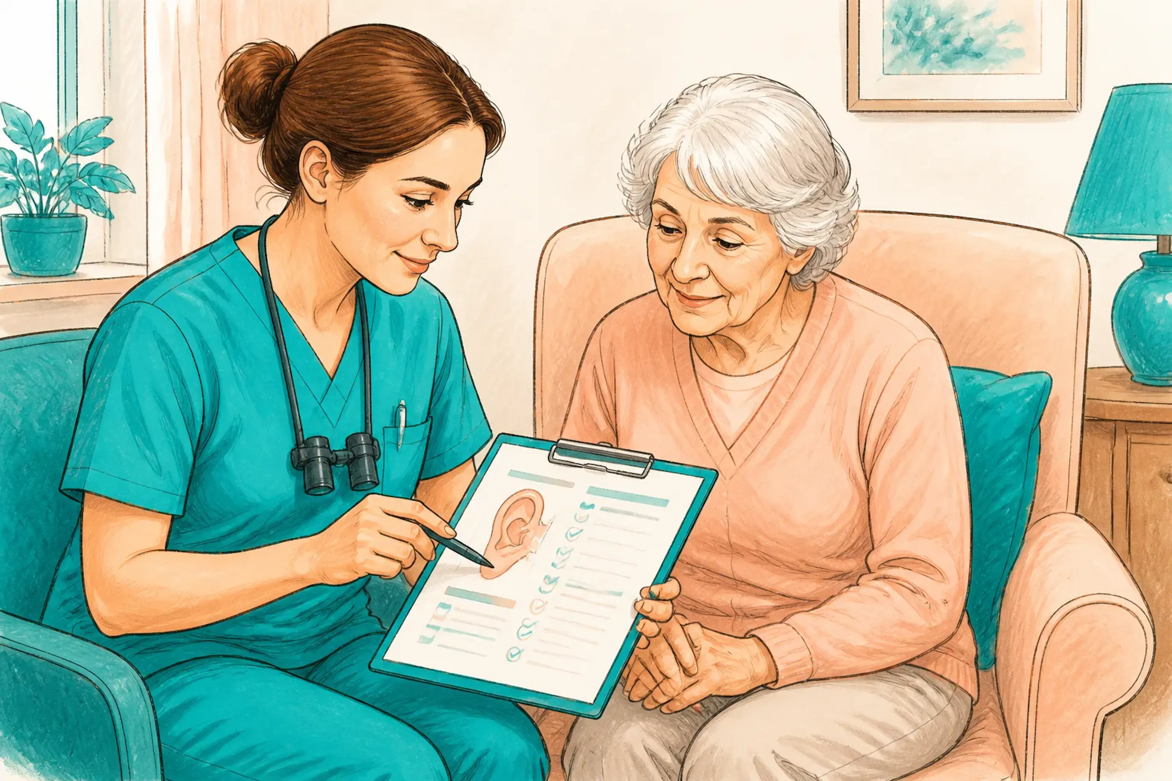 A patient and clinician reviewing an ear health assessment form together