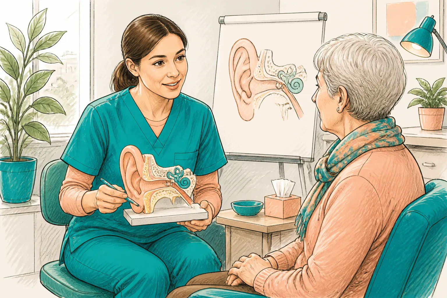A clinician explaining ear care advice to an older patient