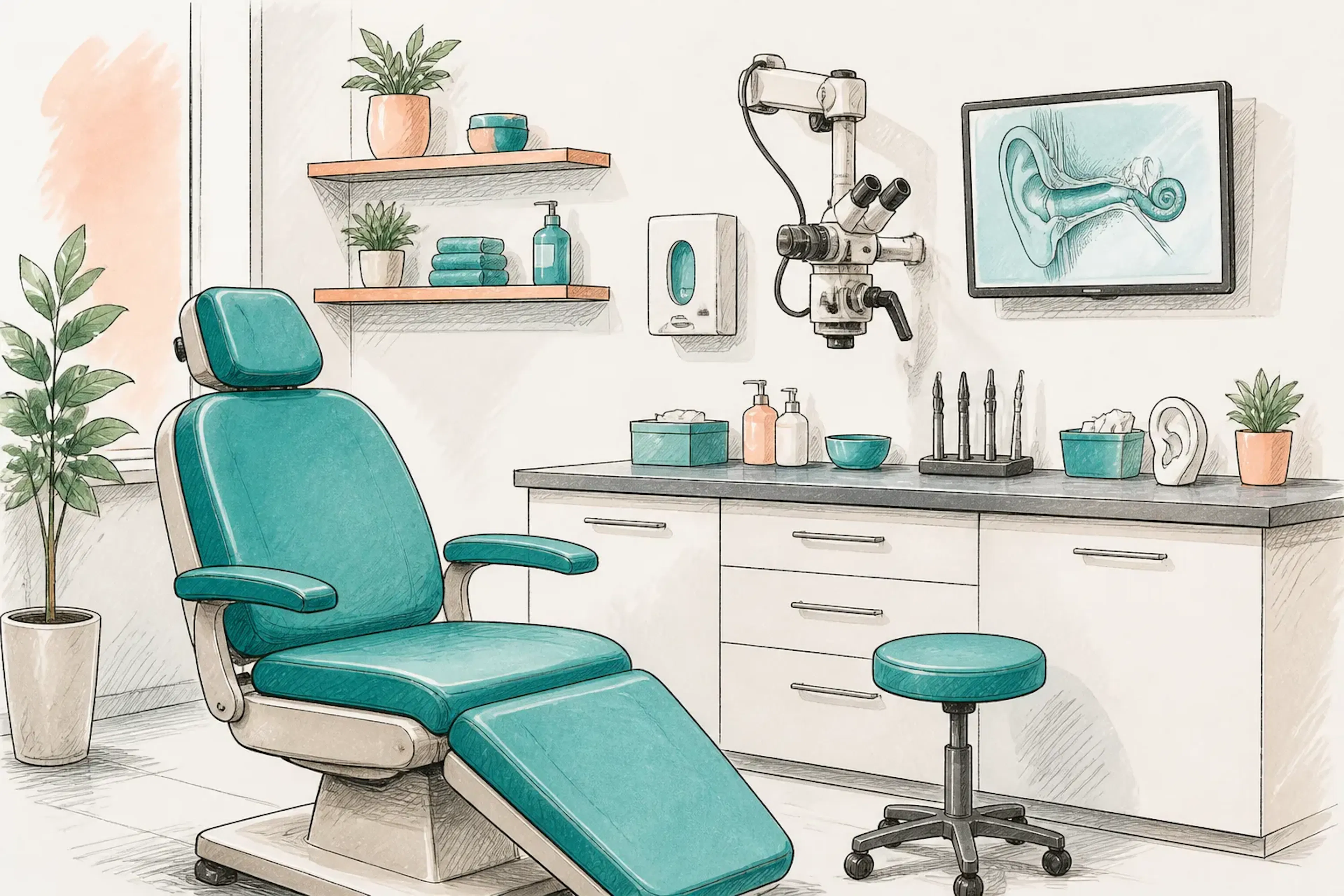 A tidy treatment room with audiology equipment and hygienic surfaces