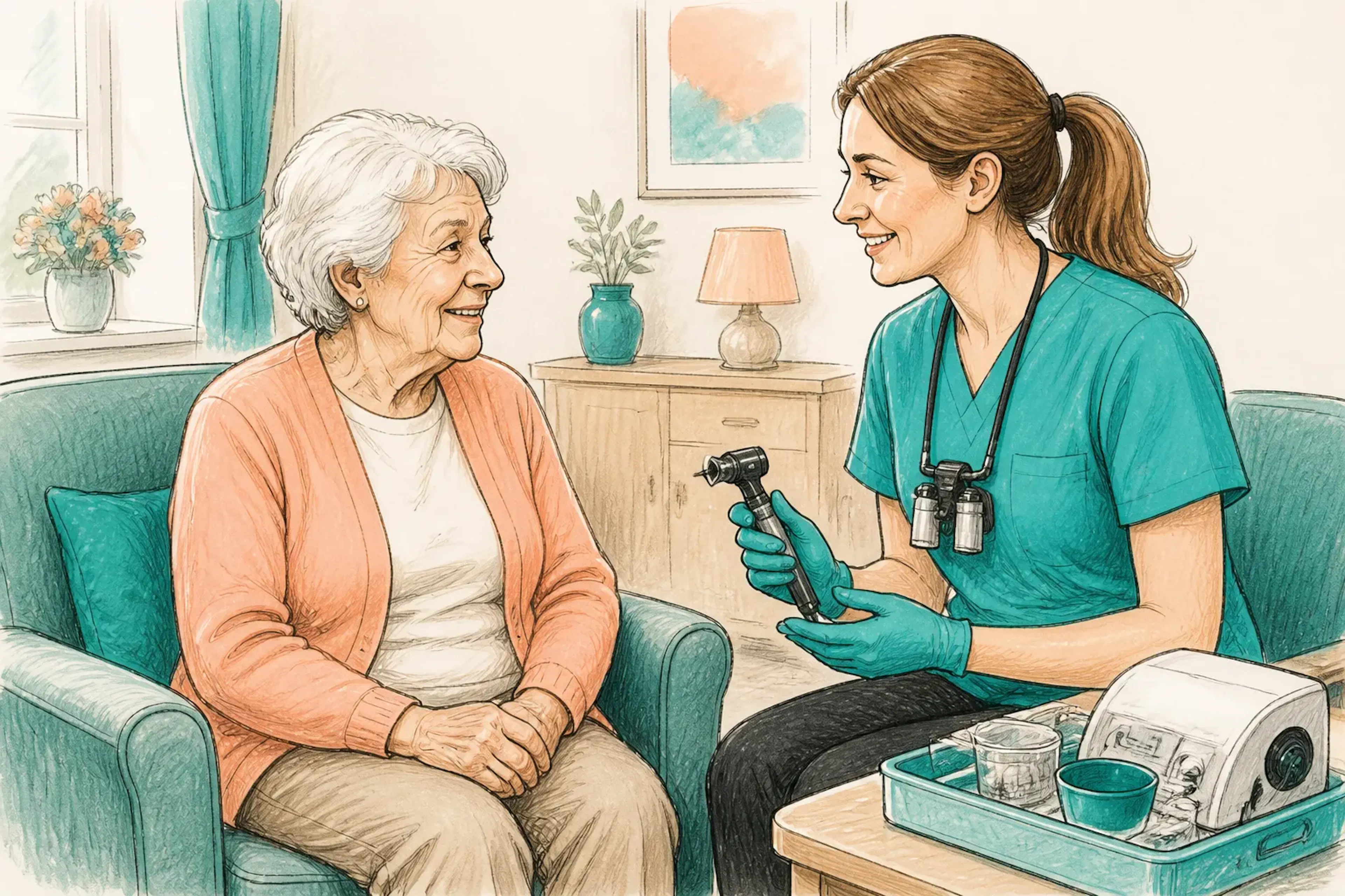 An elderly resident speaking with a clinician during an ear health check