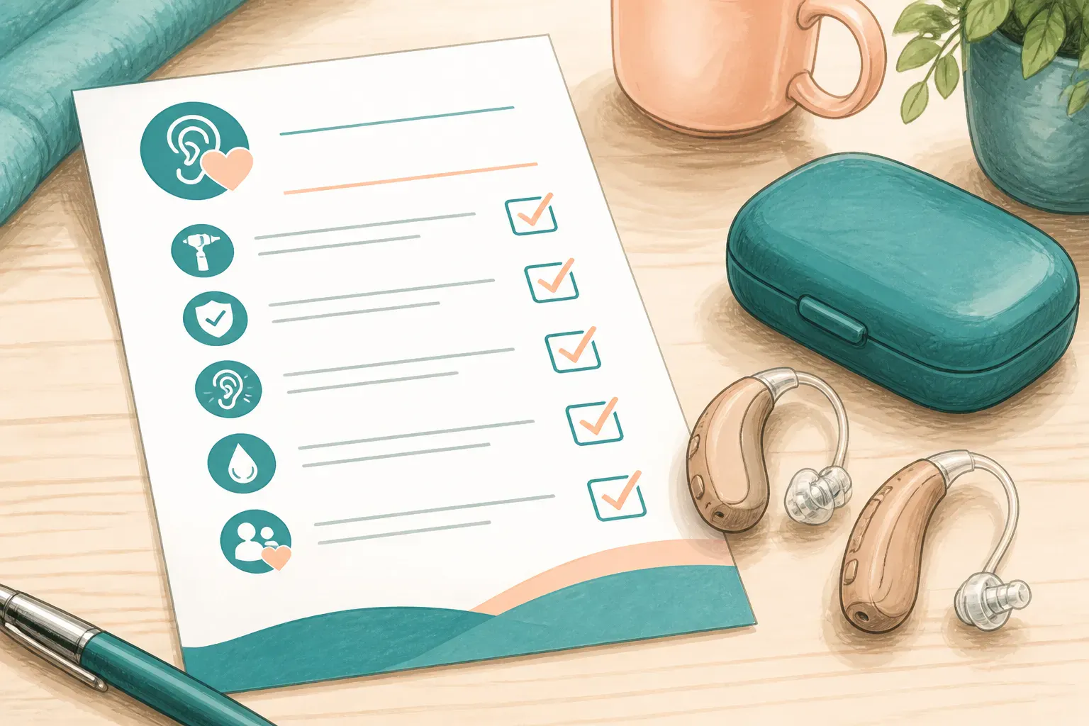 A printed ear health checklist beside a pair of hearing aids