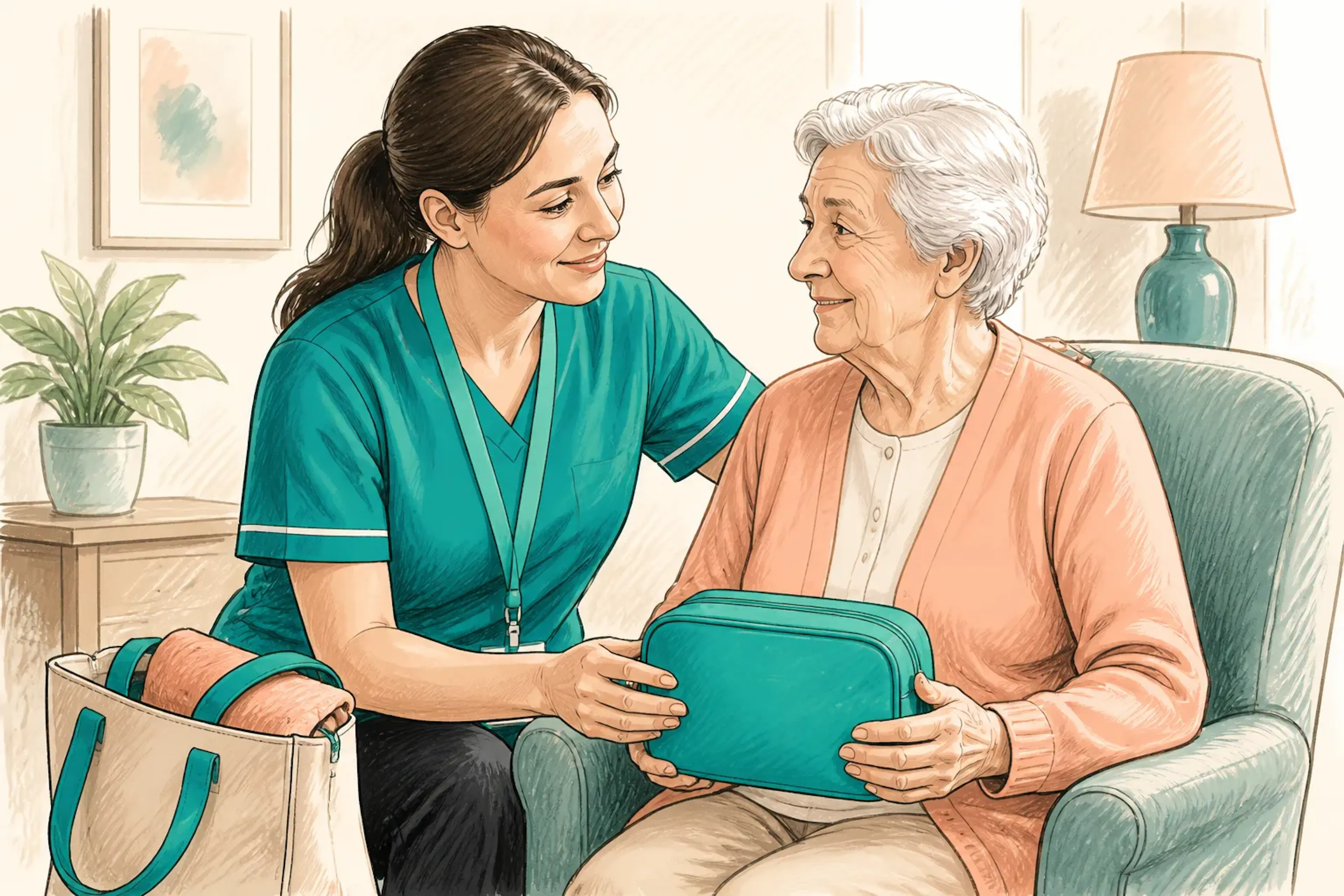 A care home staff member helping an older resident prepare for an appointment