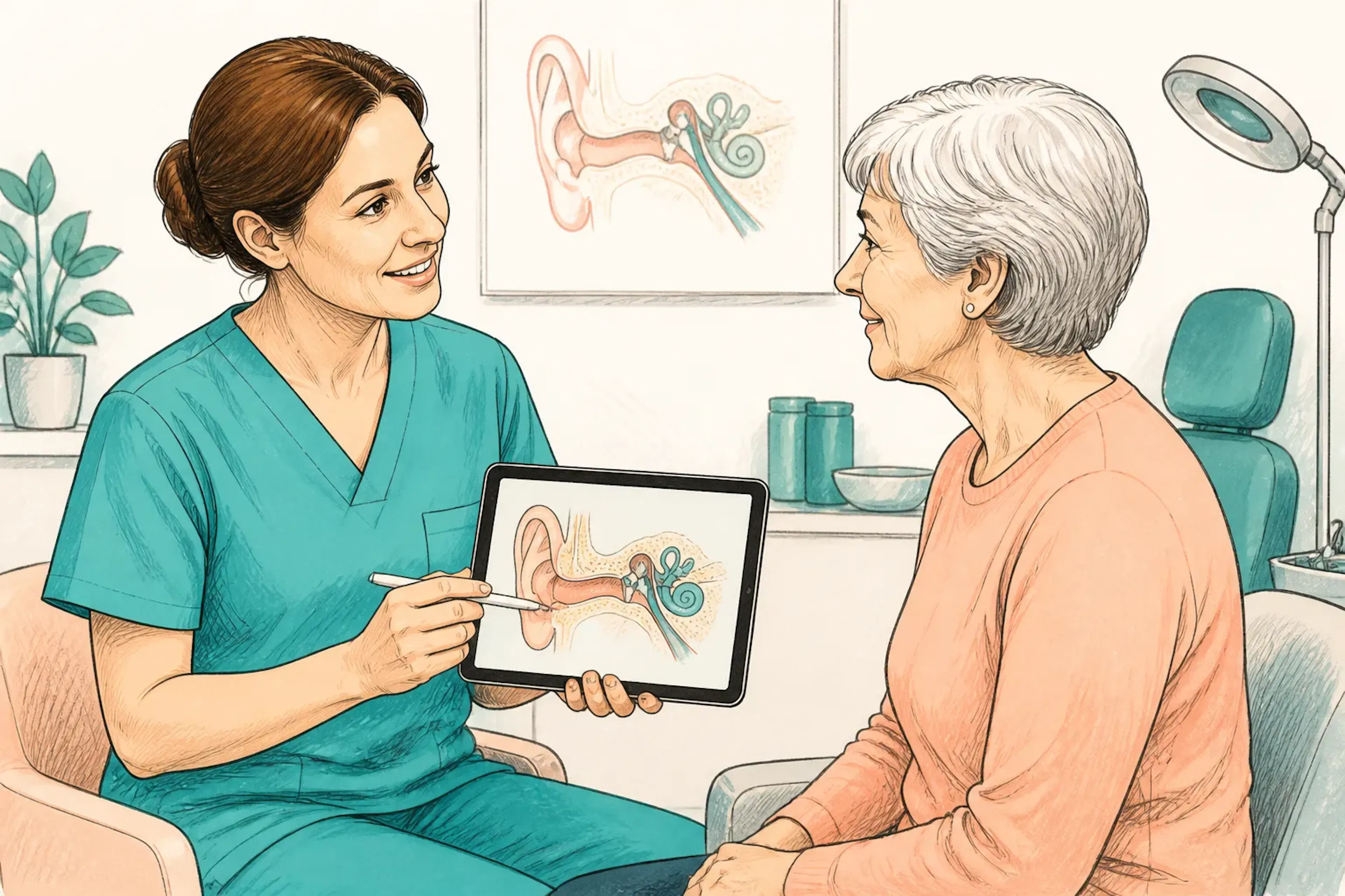 A clinician explaining treatment options to a patient using a tablet
