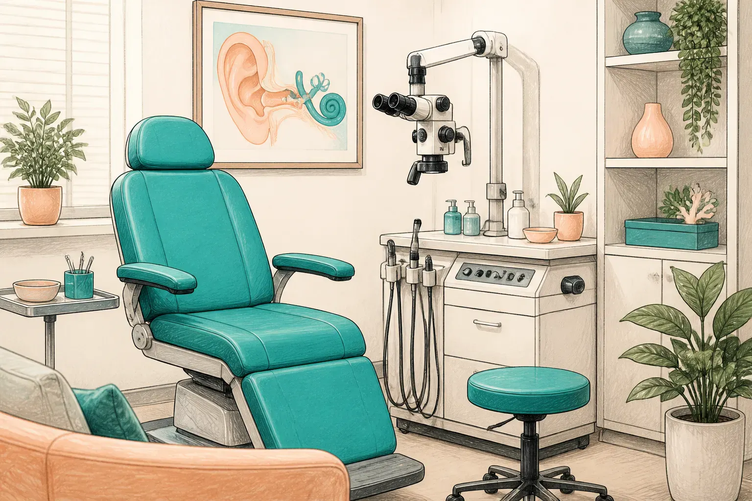 An ear health assessment room with modern equipment and a comfortable chair