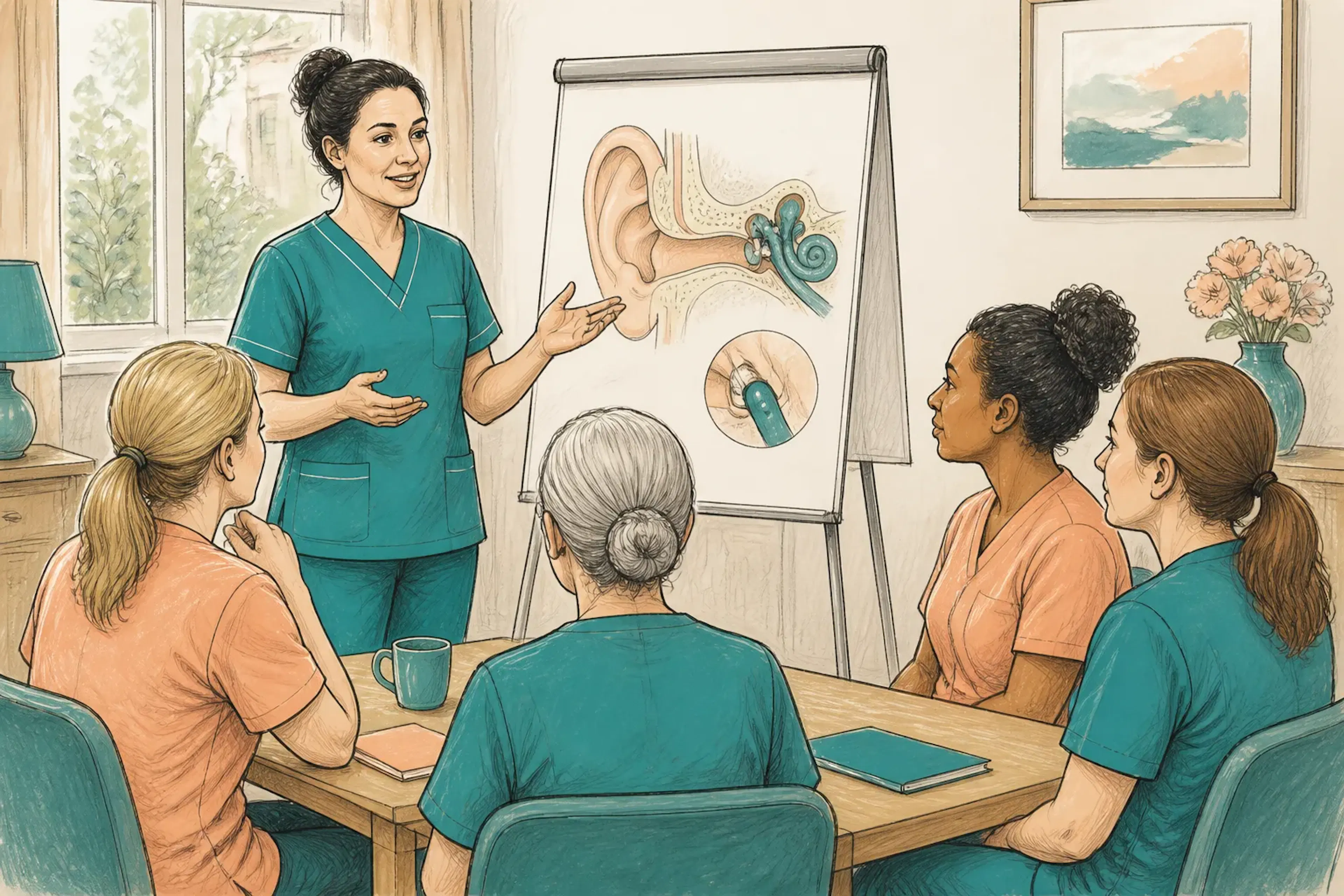 A nurse or clinician explaining ear health to care home staff