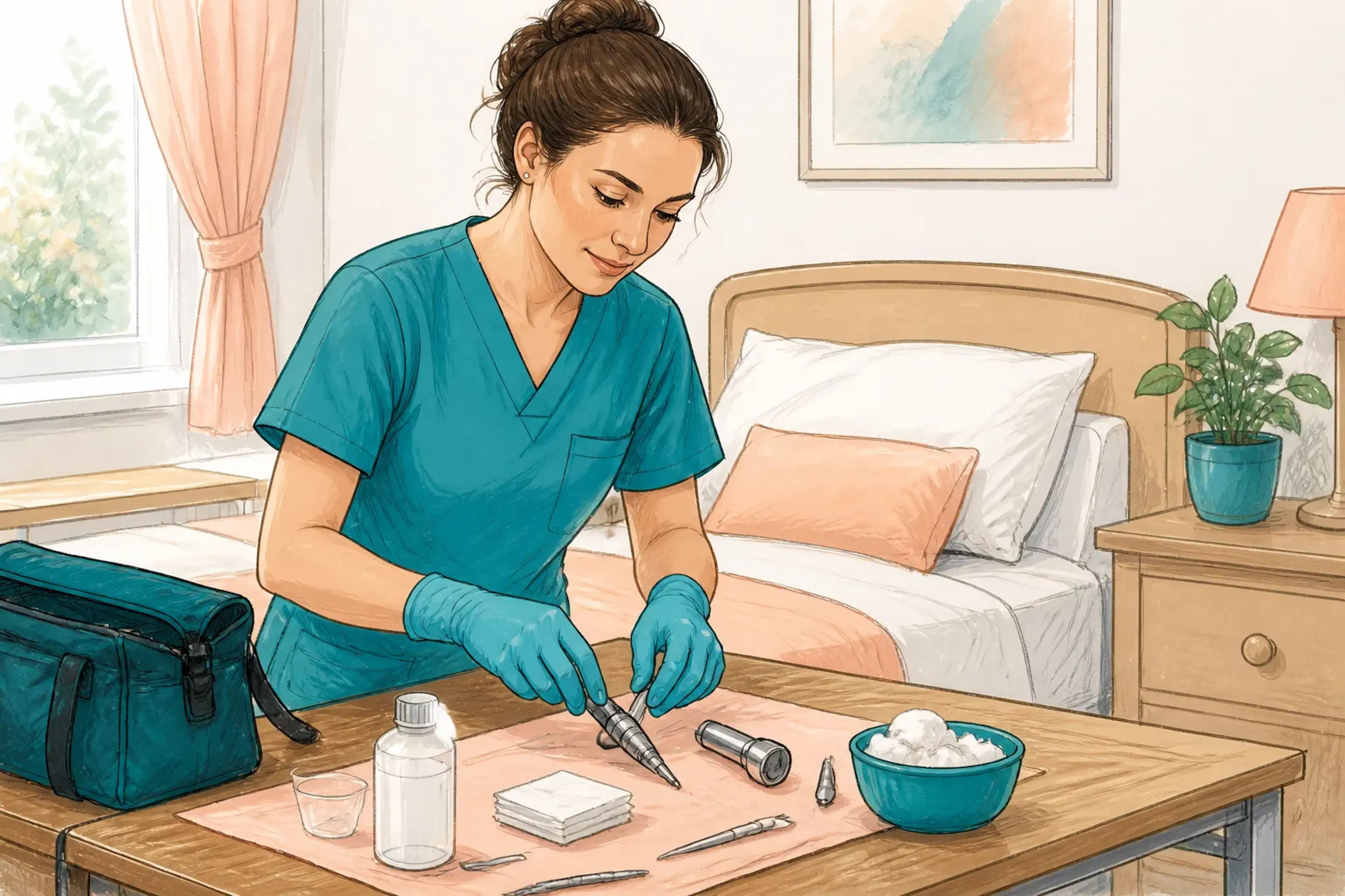 An ear care practitioner preparing equipment at a bedside table