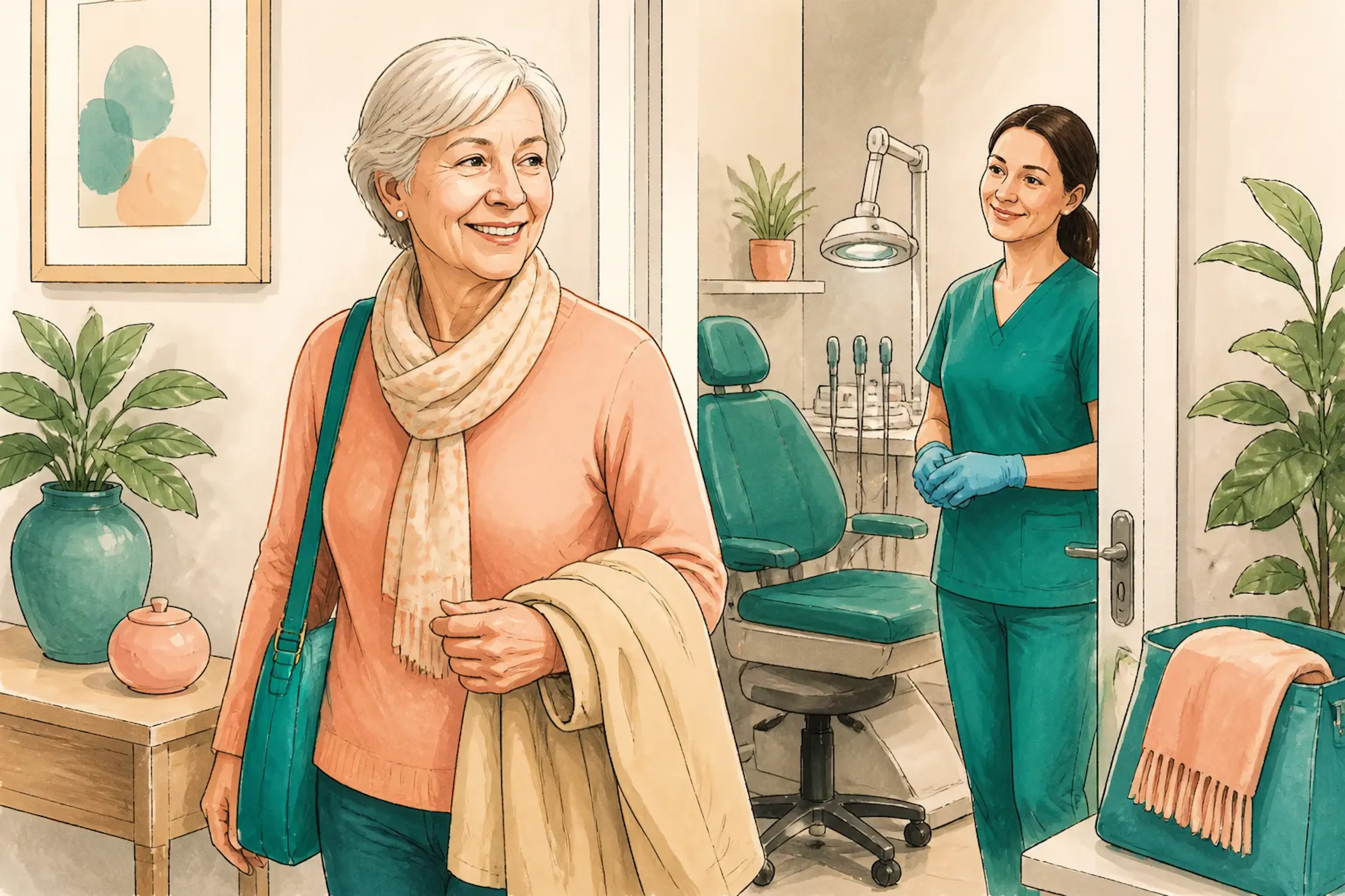 A patient leaving a treatment room after a gentle earwax removal appointment