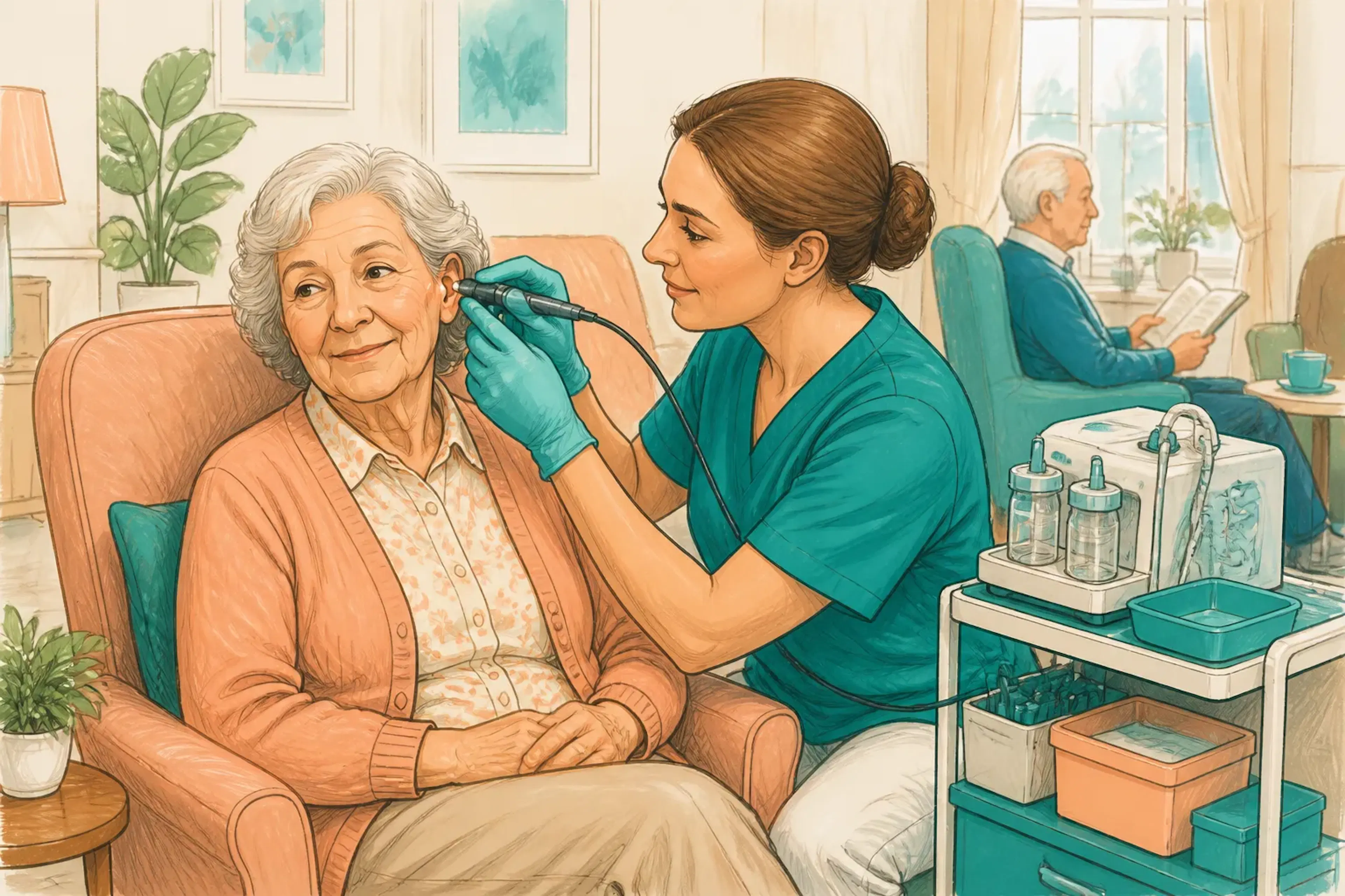 A mobile ear care setup inside a care home lounge area