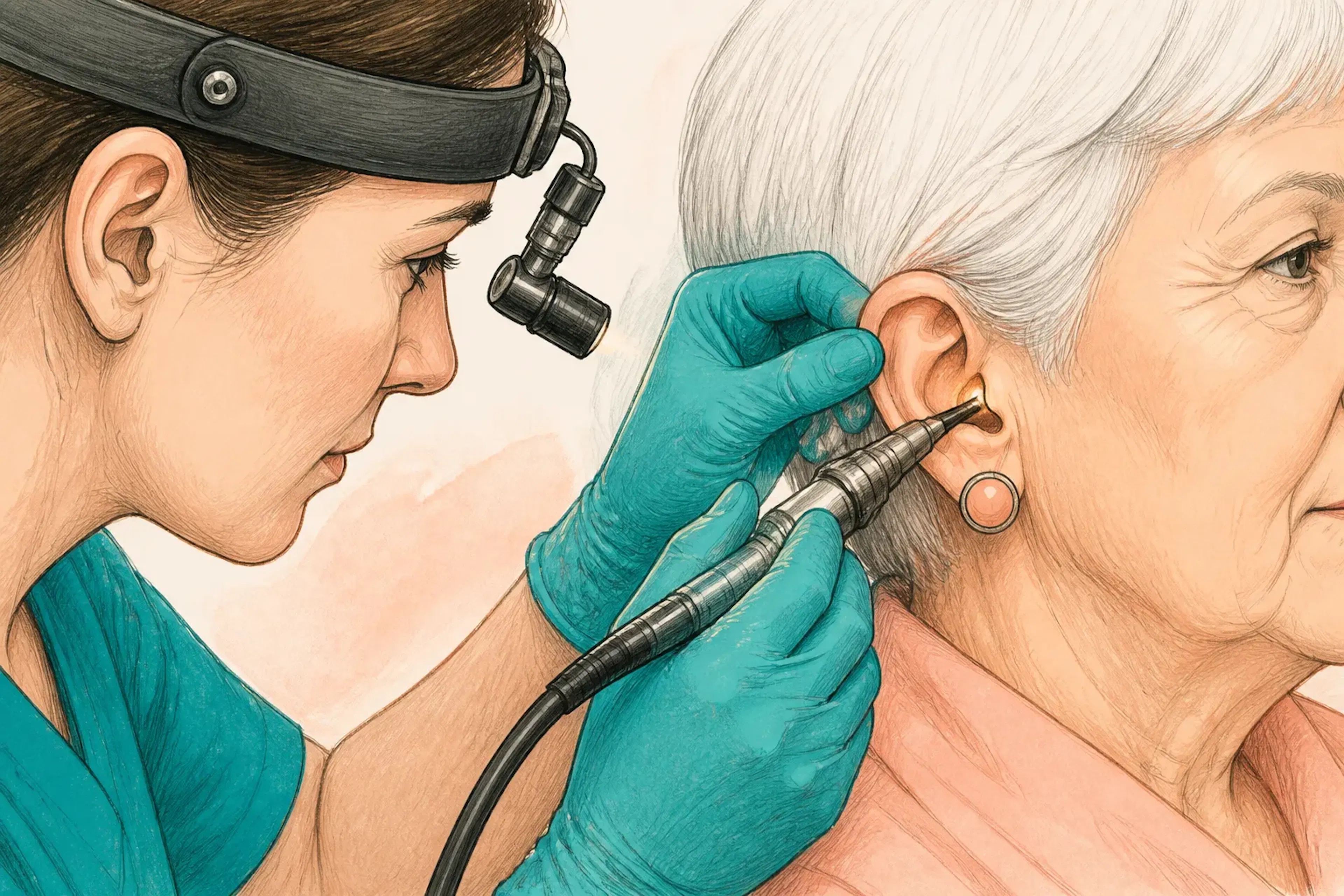A close-up of an ear examination being carried out with specialist tools