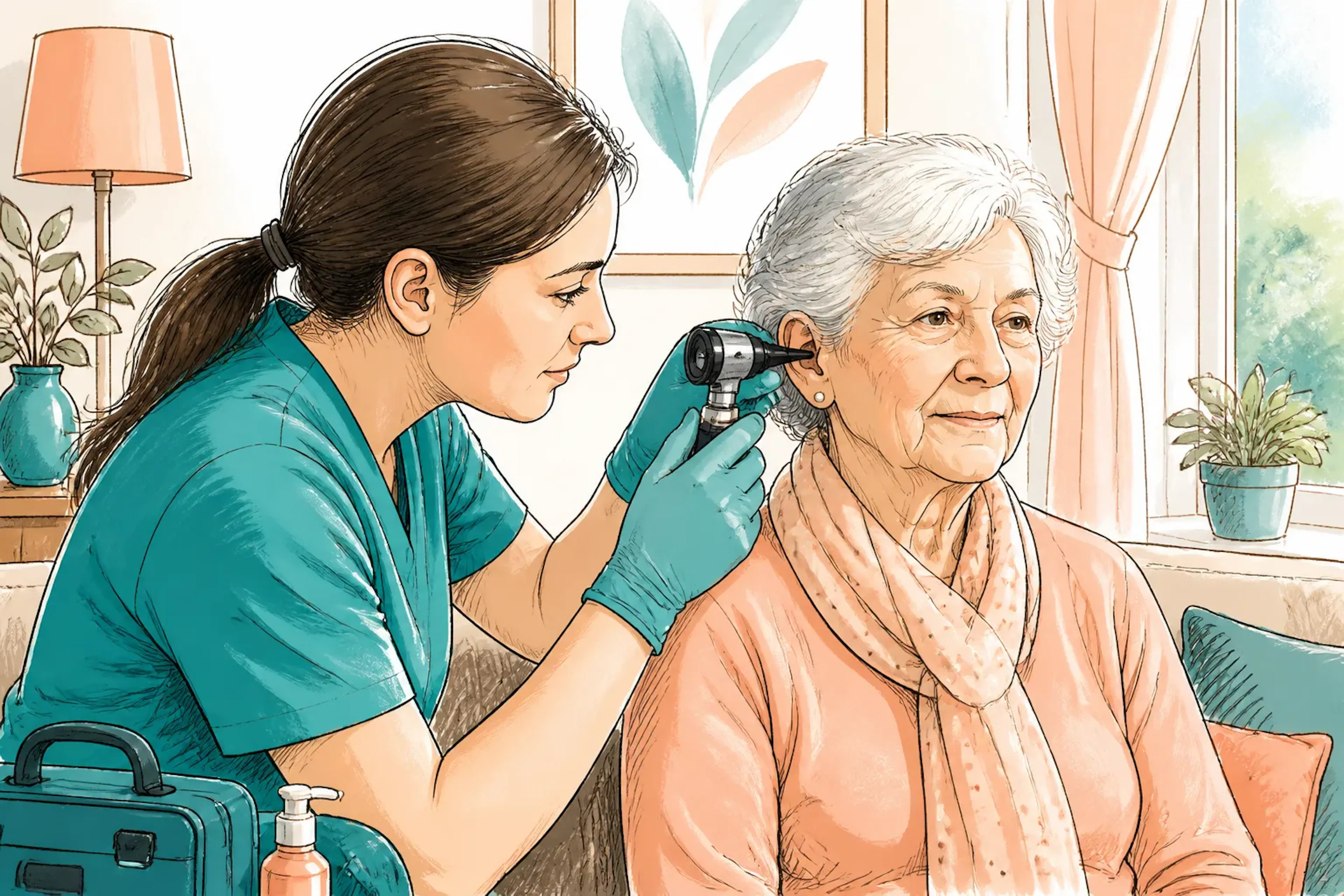 A specialist checking an ear with a handheld otoscope during a home visit