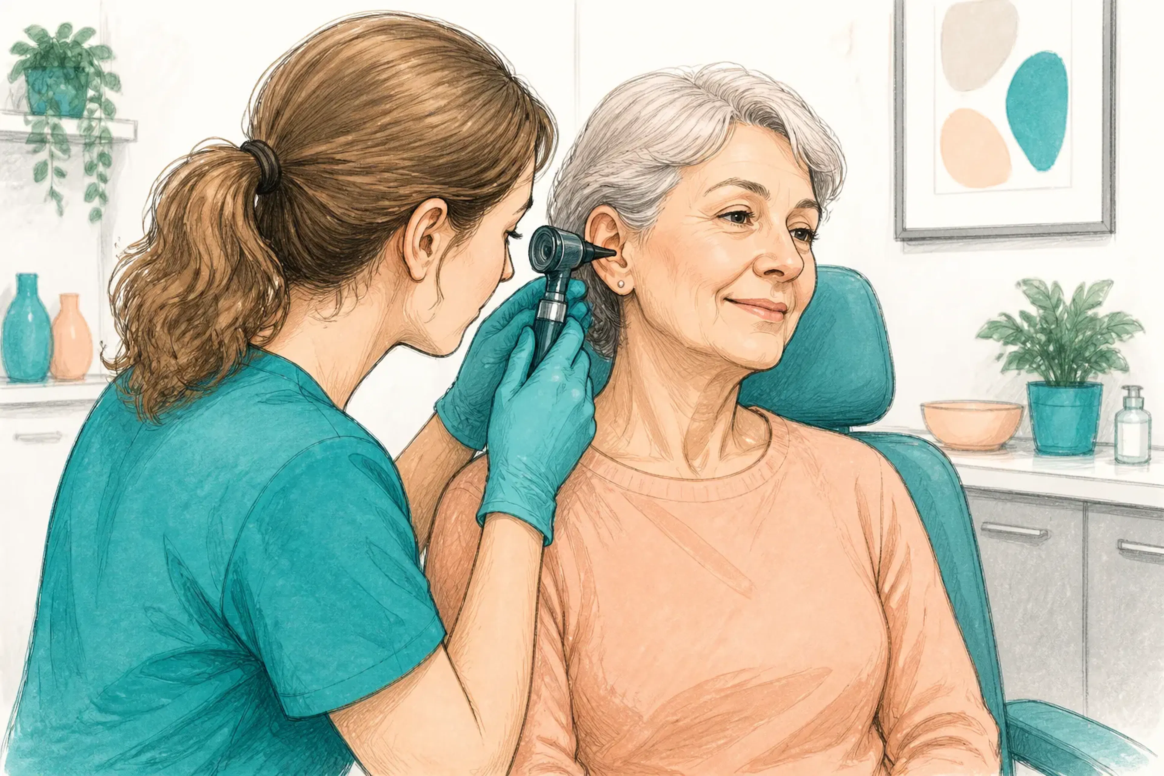 A patient receiving a gentle ear examination during a clinic appointment