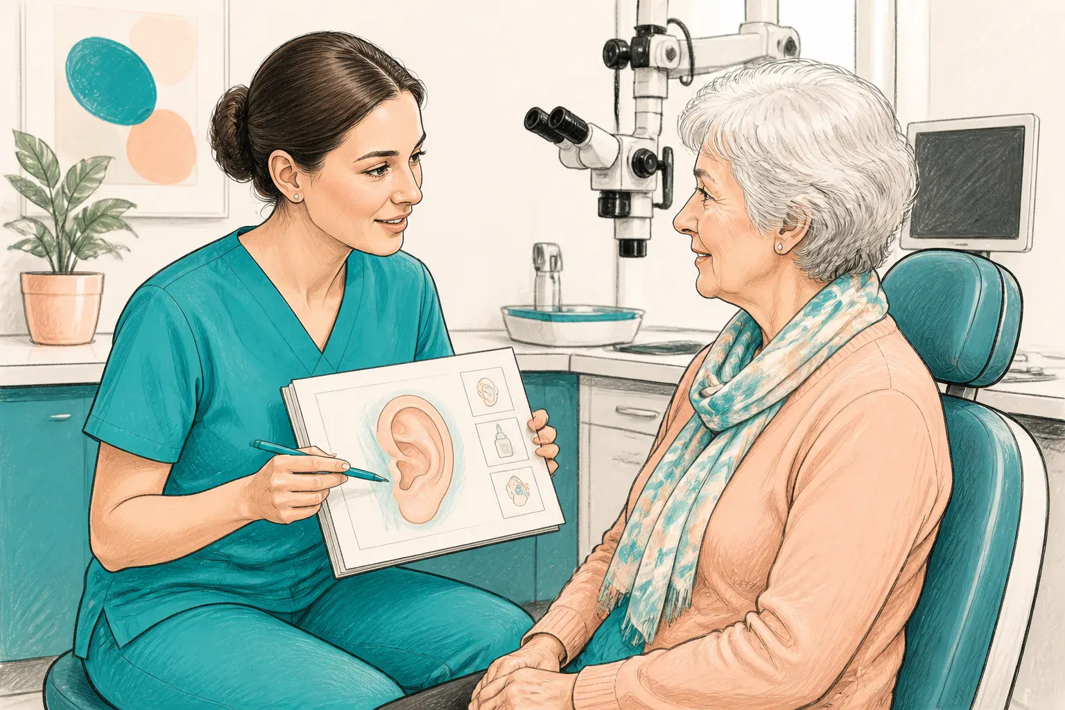 A clinician explaining ear care advice to an older adult after treatment