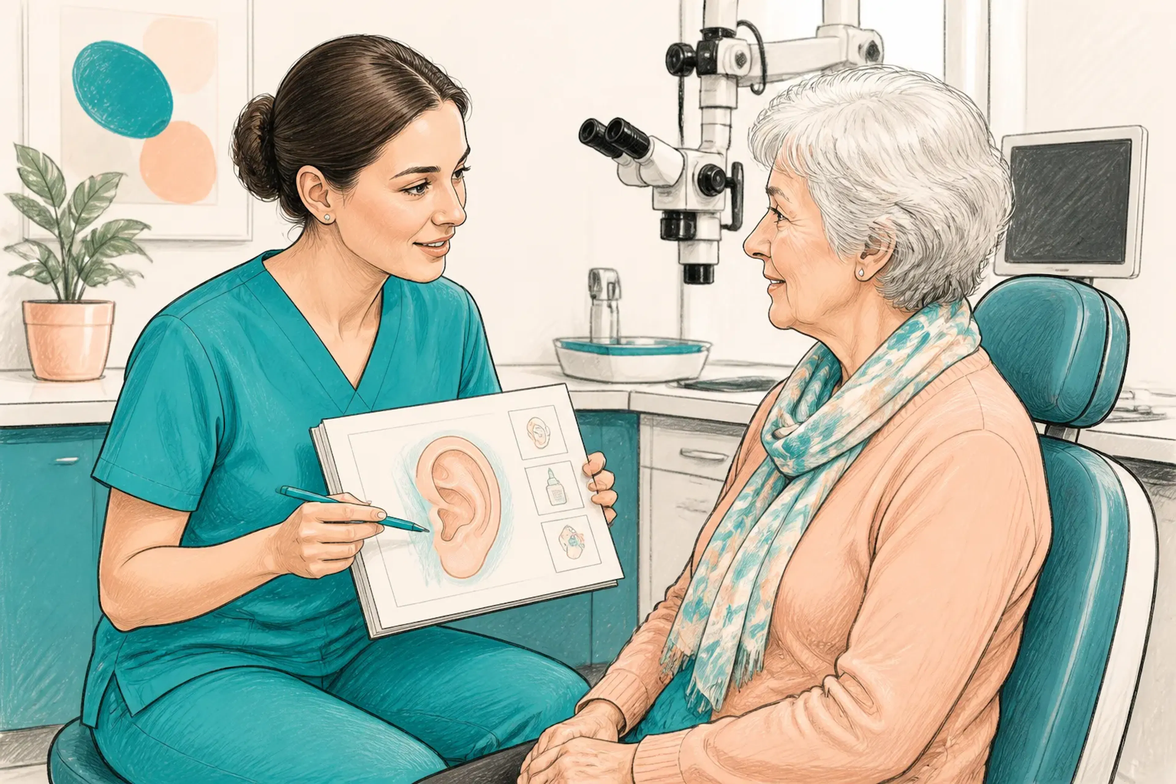 A clinician explaining ear care advice to an older adult after treatment
