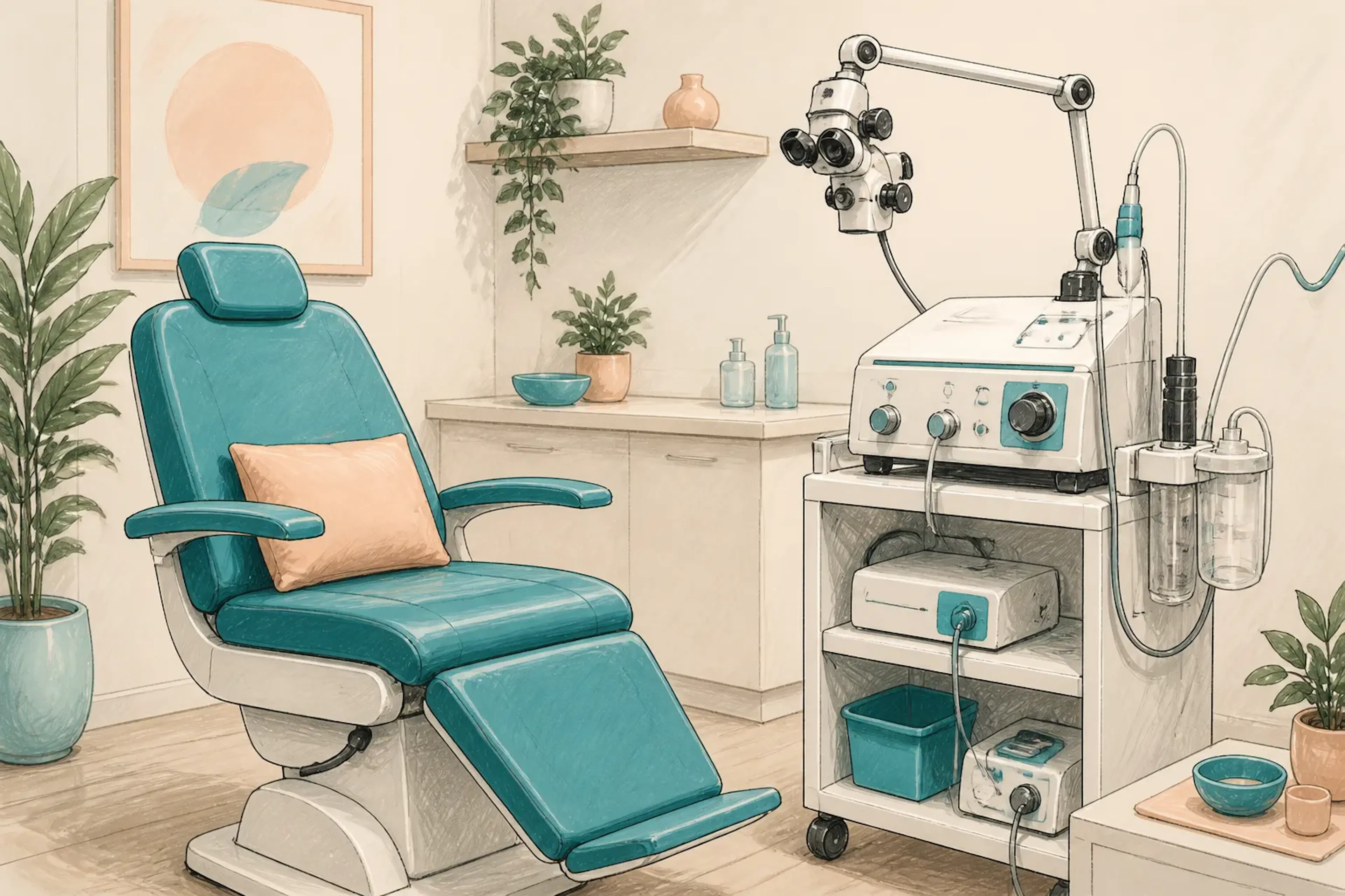 A microsuction treatment setup with specialist equipment beside a treatment chair