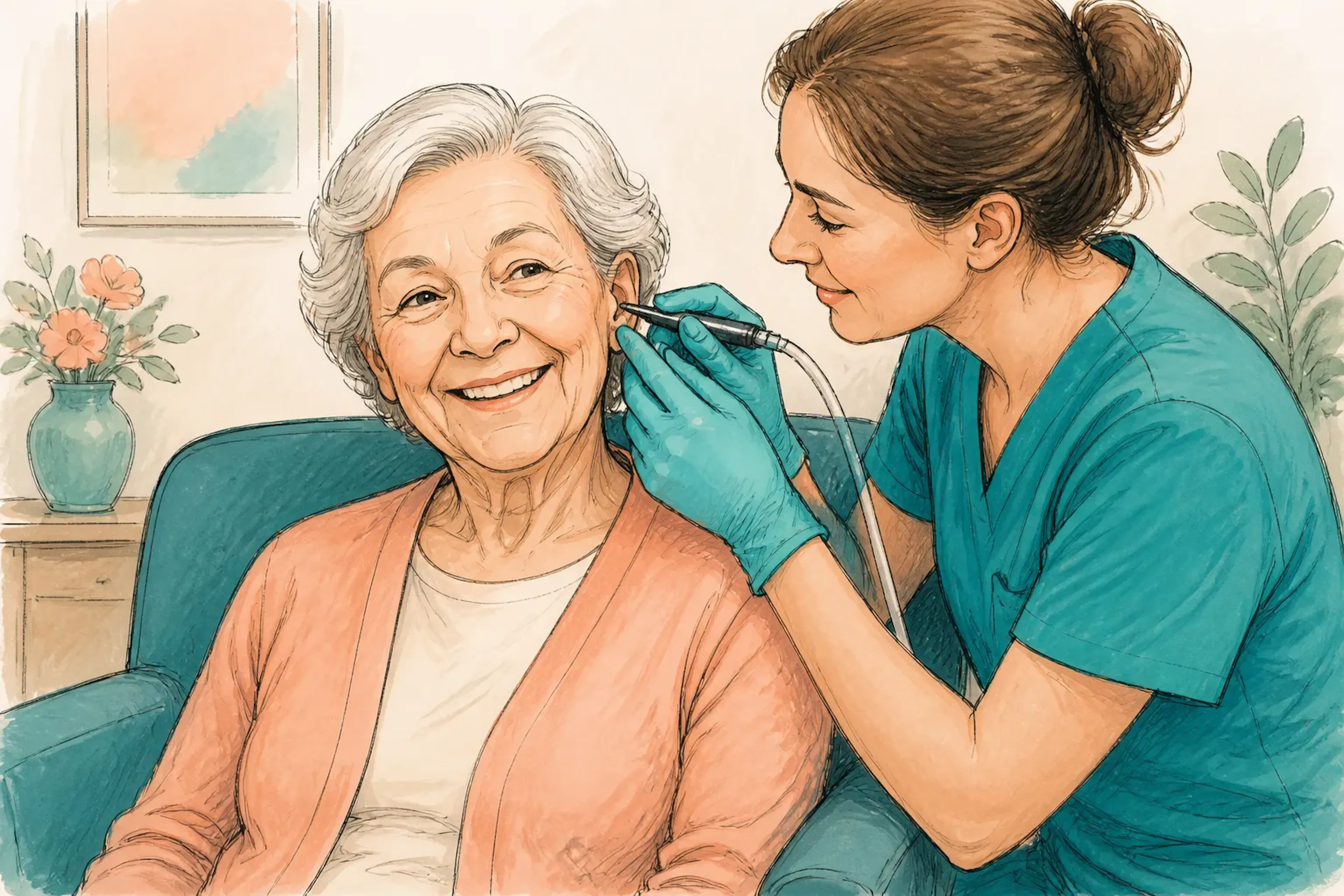 A resident smiling after a gentle ear wax removal appointment