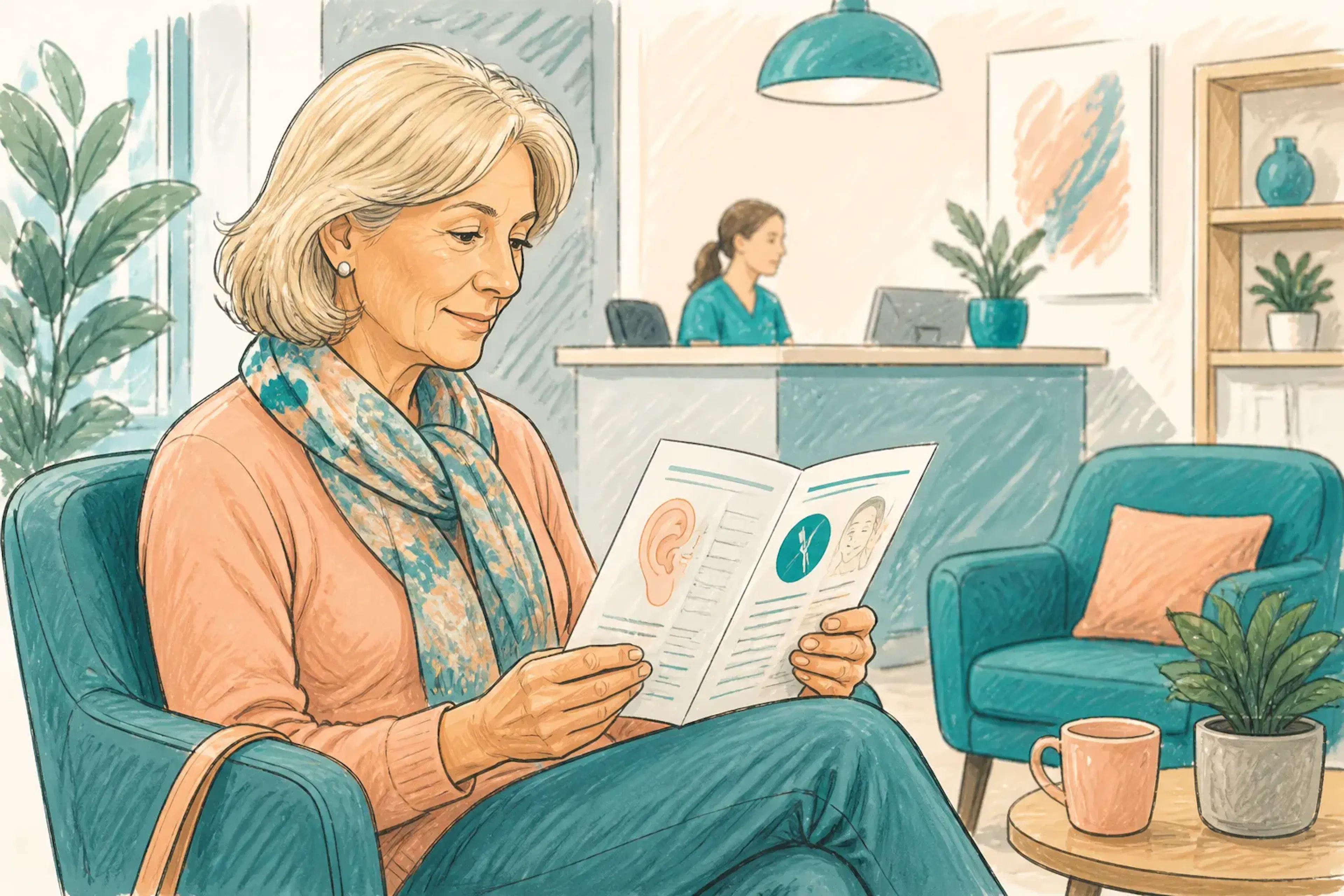 A patient reading an ear care leaflet in a clinic waiting area