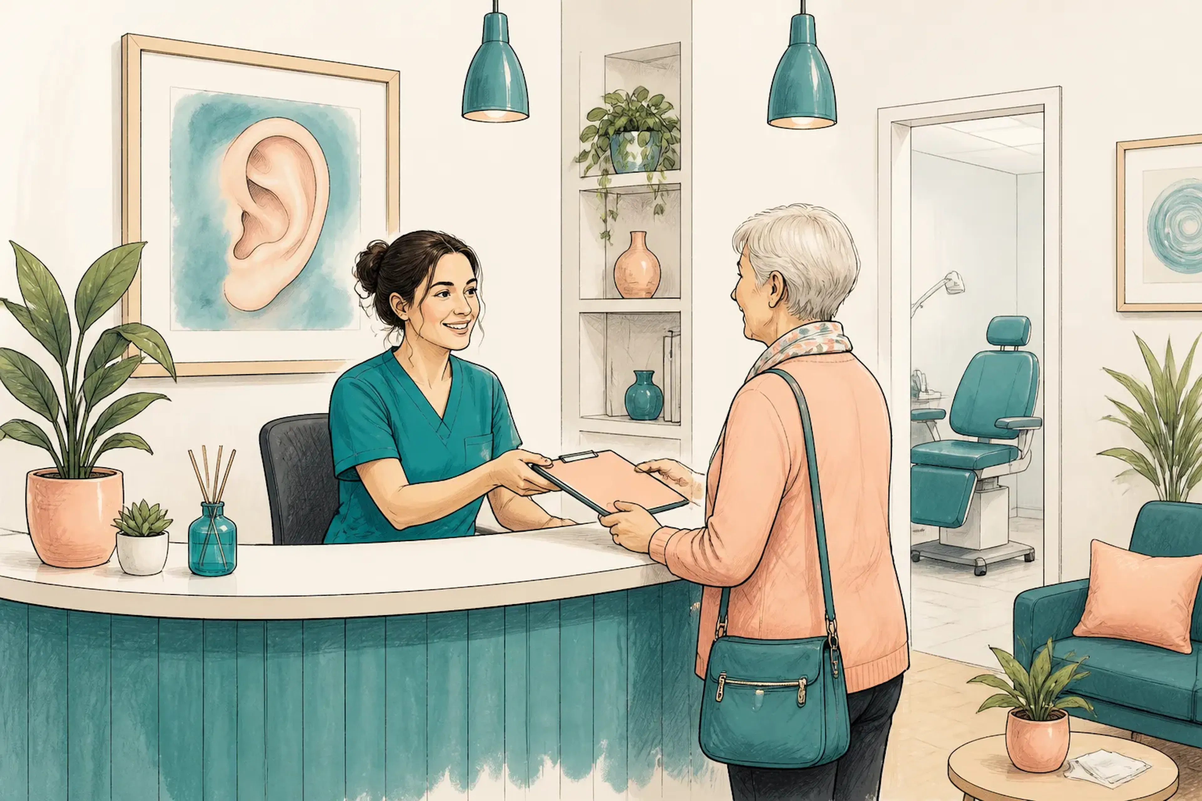 A reception desk in a welcoming specialist ear clinic