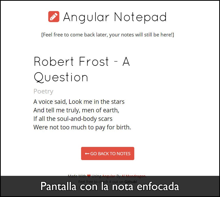 Angular Notepad con la nota enfocada