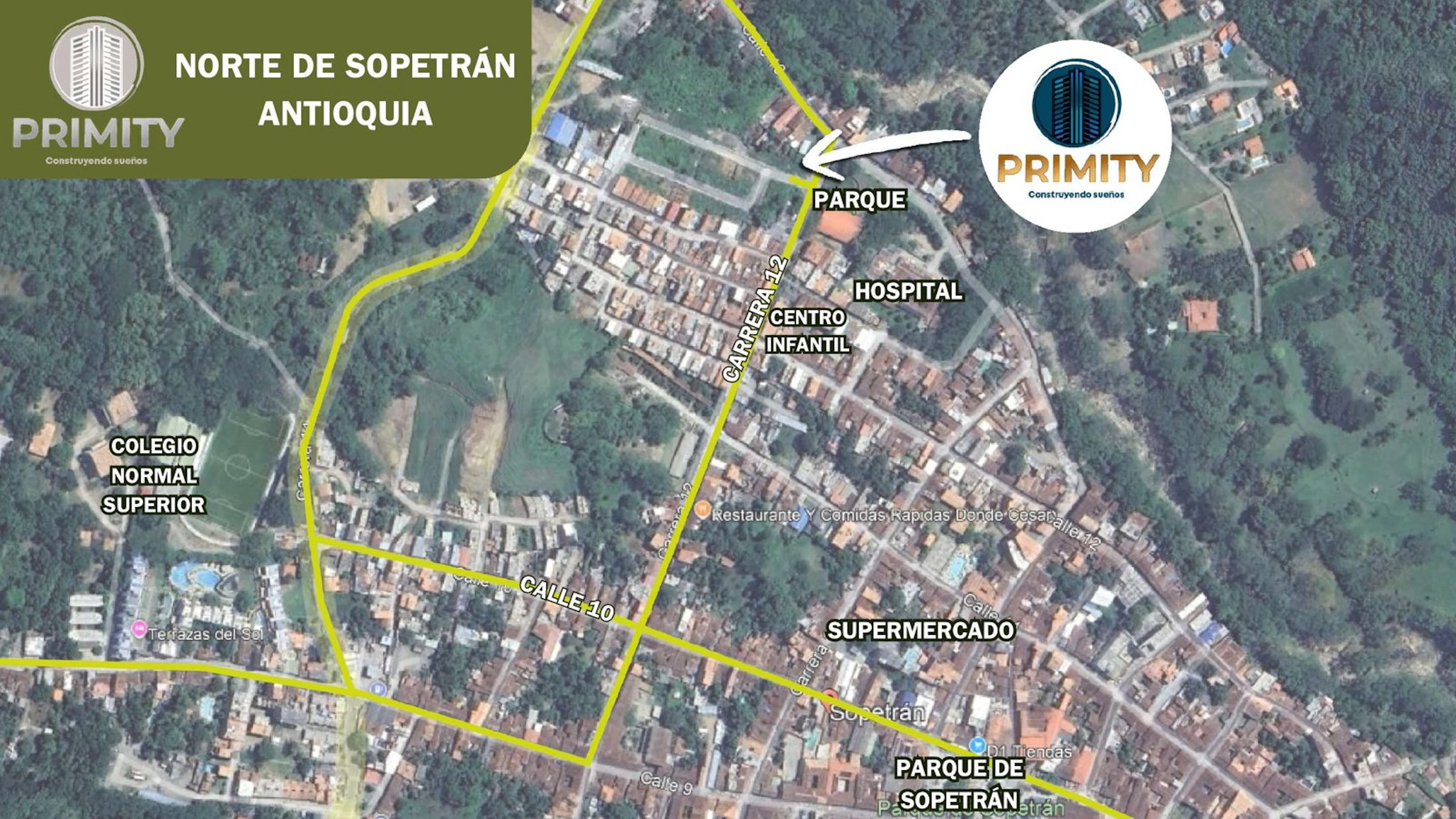Mapa del norte de Sopetrán con la ubicación de Primity