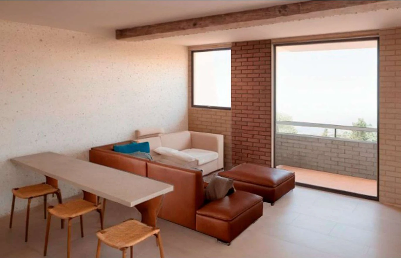 Render de la sala con salida a balcón