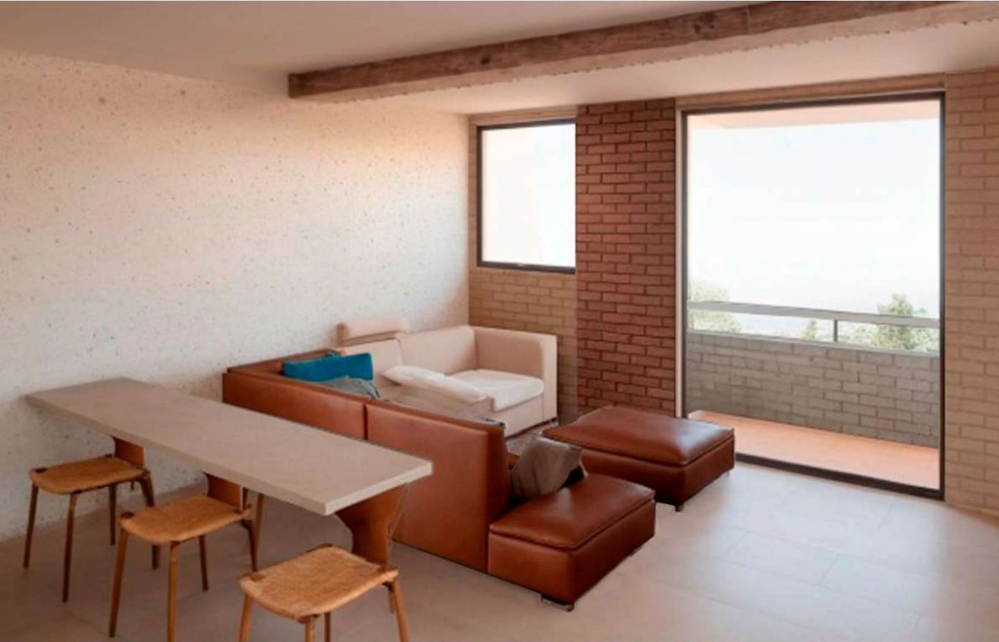 Render de la sala con salida a balcón