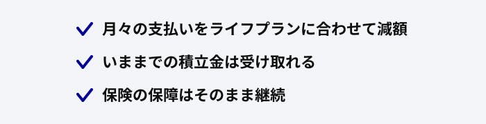 月々の支払いをライフプランに合わせて減額
いままでの積立金は受け取れる
保険の保障はそのまま継続
