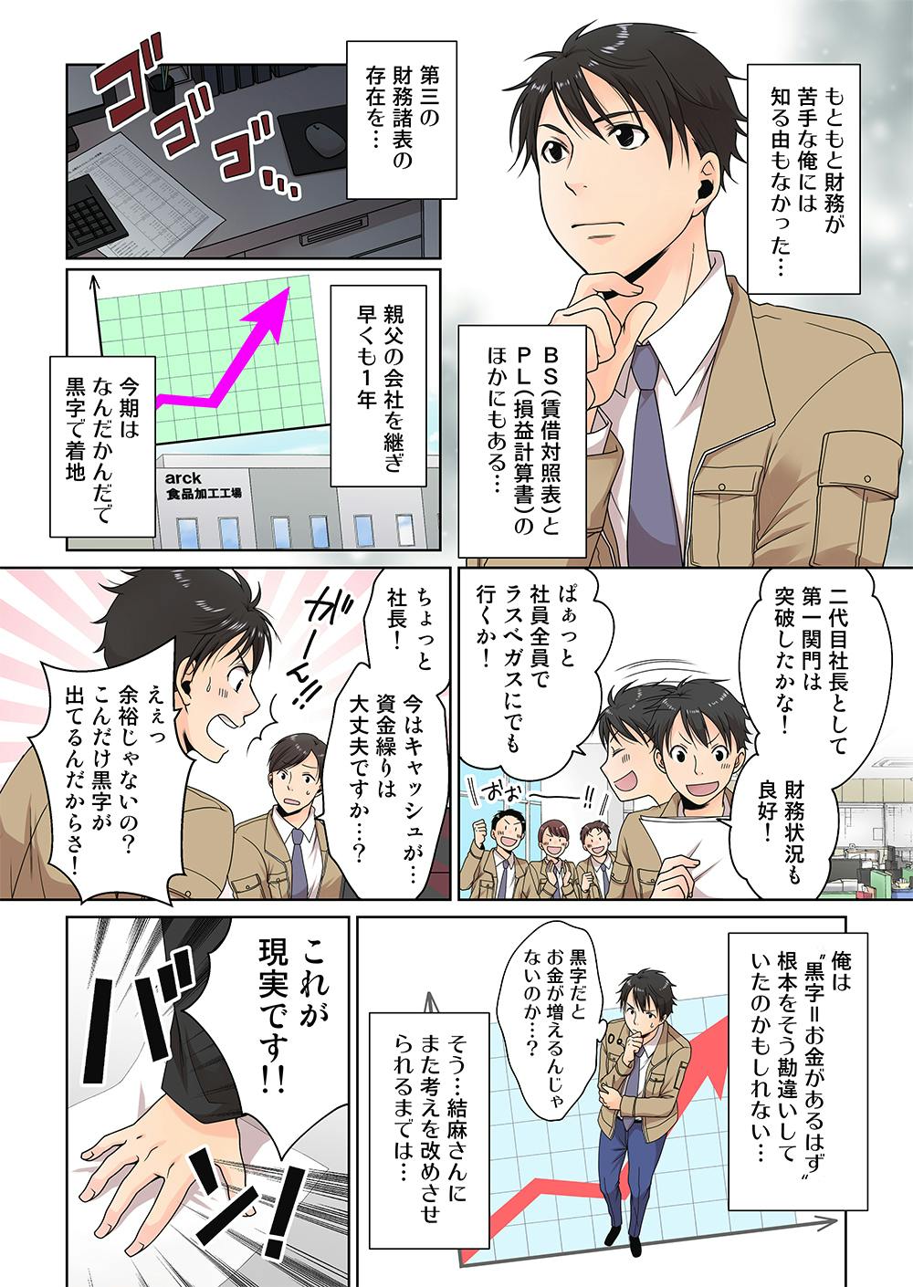 もともと財務が苦手なおれが... 知る由もなかった...
BS(貸借対照表)とCS(損益計算書)のほかにもある　第三の財務諸表の存在を...

親父の会社を継ぎ 早くも1年
今期は なんだかんだで 黒字で着地

二代目社長として 第一関門は 突破したかな!
財務状況も 良好!
ぱぁぁっと 社員全員で ラスベガスにでも 行くかぁ

ちょっと??社長!
今はキャッシュが... 資金繰りは 大丈夫ですか...?
えぇ余裕じゃないの? こんだけ黒字が 出てるんだからさ!

おれは“黒字=お金があるはず” 根本をそう勘違いして いたのかもしれない...
そう...生田さんに また考えを改めさせられるまでは...
黒字だと お金が増えるんじゃ ないのか...?

社長 これが現実です!
バン！
