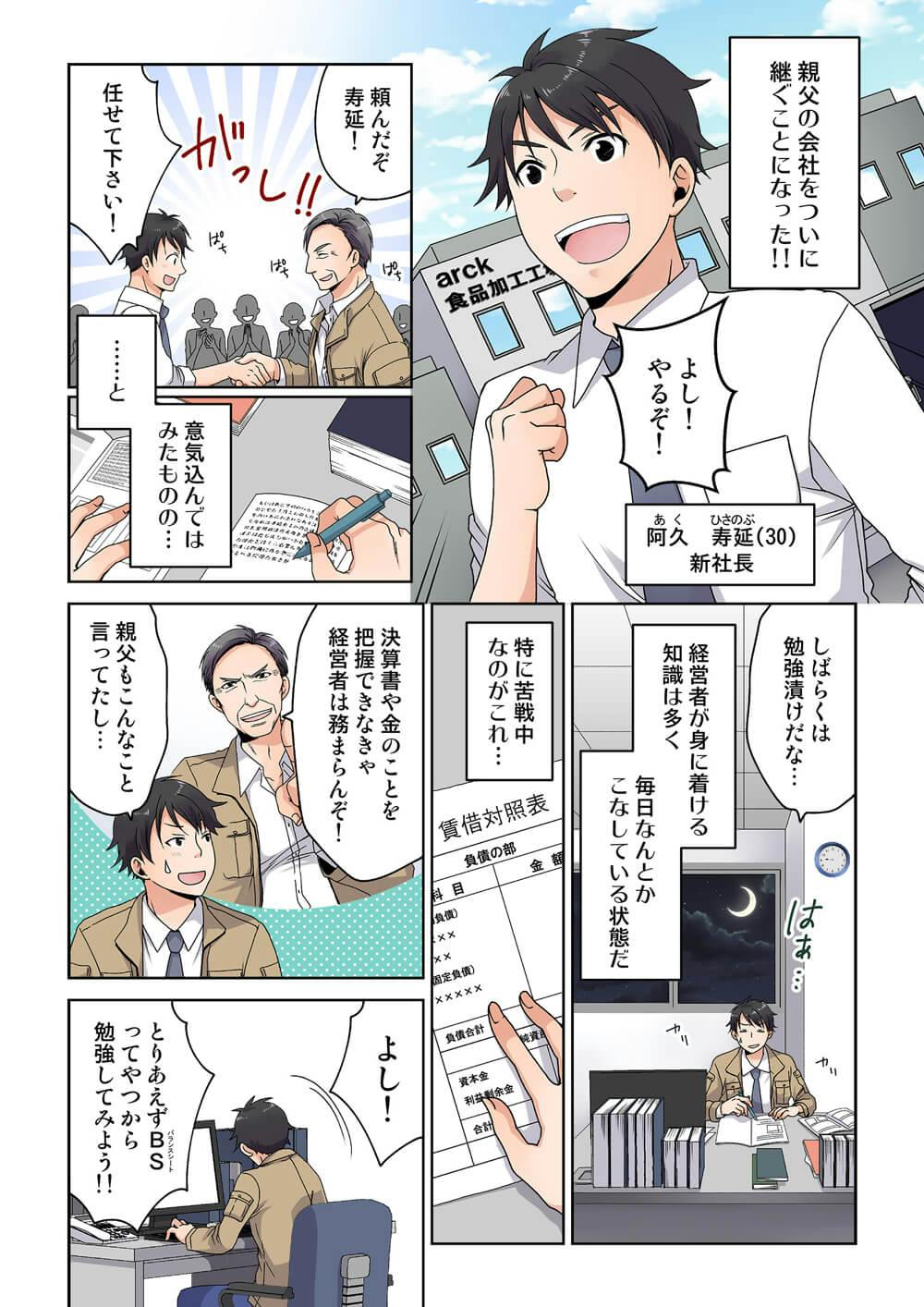 親父の会社をついに継ぐことになった！！
よし! やるぞ！
あく　ひさのぶ
阿久 寿延(30)
新社長

頼んだぞ寿延！
任せて下さい!
がっし!!

...と意気込んではみたものの...

しばらくは勉強漬けだな...
経営者が身に着ける知識は多く
毎日なんとかこなしている状態だ
はぁ...
カリカリ

特に苦戦中なのがこれ...
賃借对照表
負債の部

決算書や金のことを把握できなきゃ経営者は務まらんぞ！
親父もこんなこと言ってたし...

よし!
とりあえずBS（バランスシート）ってやつから勉強してみ�よう！！
