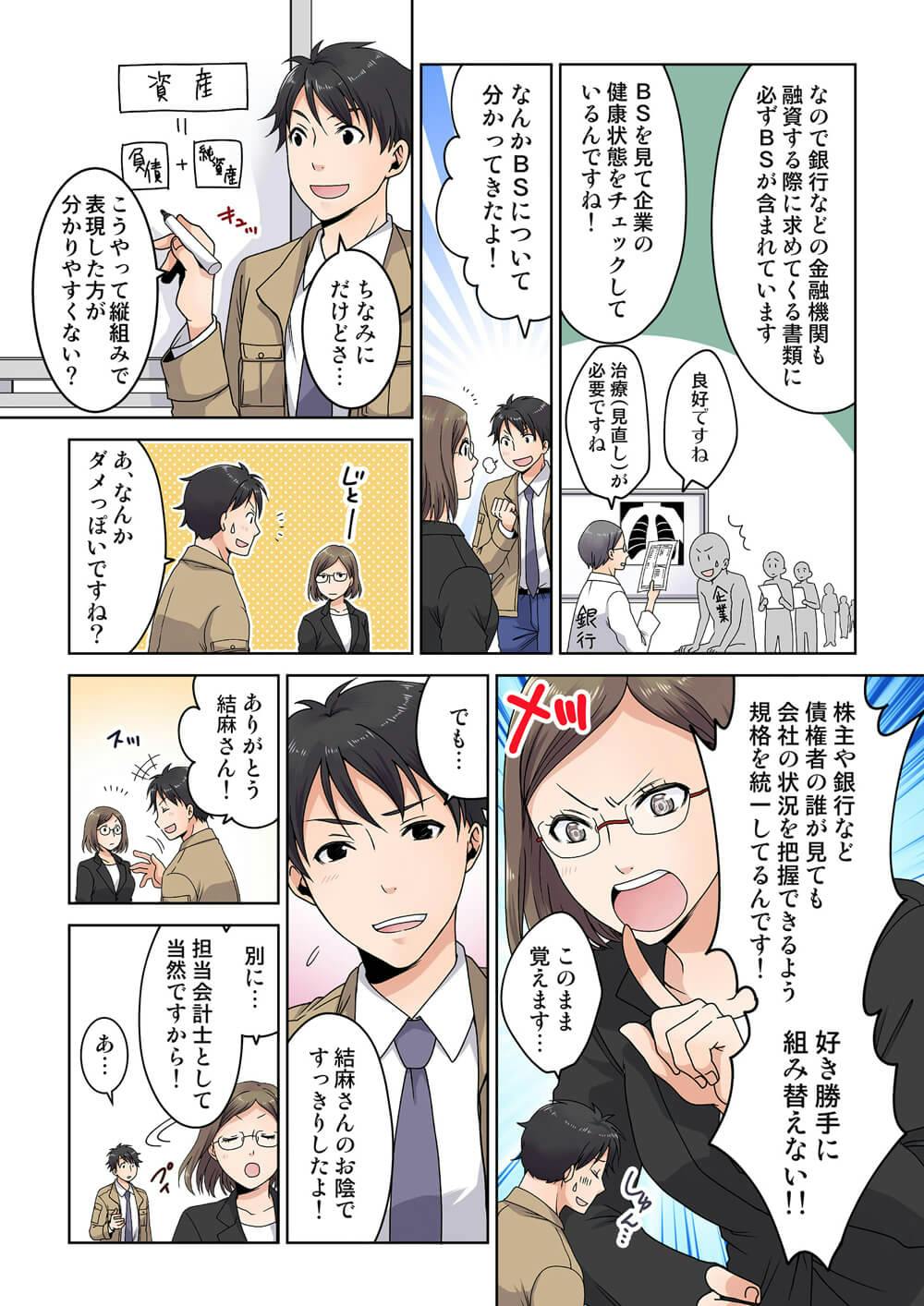 なので銀行などの金融機関も融資する際に求めてくる書類に必ずBSが含まれています
BSを見て企業の健康状態をチェックしているんですね！
良好ですね
治療(見直し)が必要ですね
銀行
企業

なんかBSについて分かってきたよ！

ちなみにだけどさ...
こうやって縦組みで表現した方が分かりやすくない？
キュッ
資産＝負債＋純資産

じとー
あ、なんかダメっぽいですね？

株主や銀行など、債権者の誰が見ても会社の状況を把握できるよう規格を統一してるんです！
好き勝手に組み替えない！
メッ
このまま覚えます...
しゅん...

でも...
結麻さんのお陰ですっきりしたよ！

ありがとう 結麻さん！
スッ

別に...
担当会計士として当然ですから！
プイ
あ...