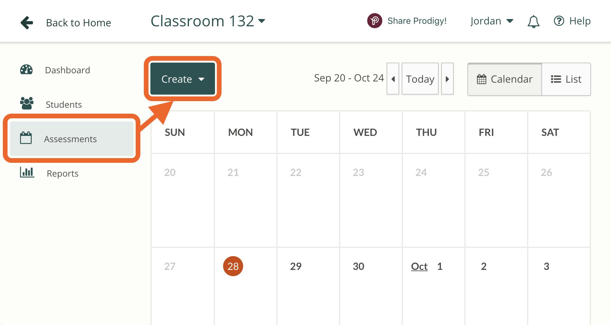 In-app image of how to create an Assessment in a Prodigy teacher account.