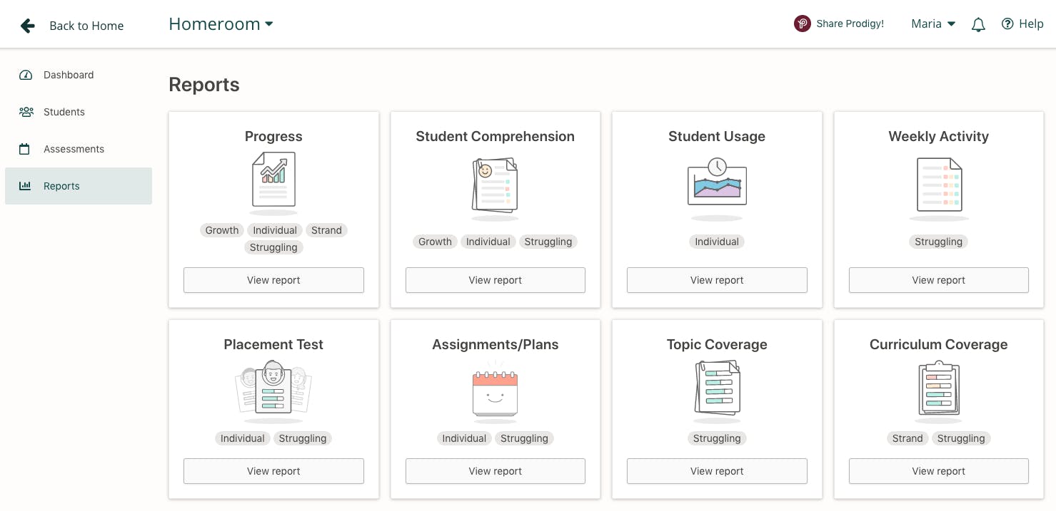 Screenshot of the eight reports available in the Prodigy teacher dashboard. 