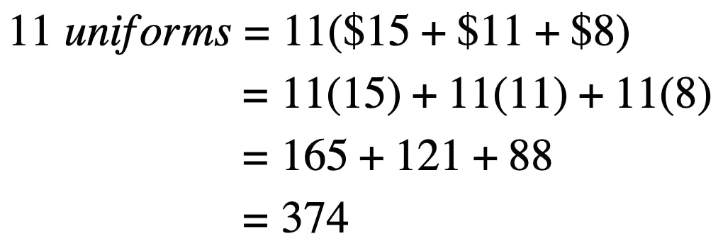 How much will it cost in total if the team has 11 players? Write an expression and simplify.