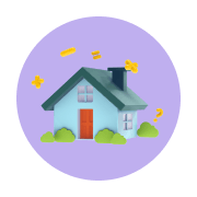 A blue house with math symbols floating around it and a purple background.