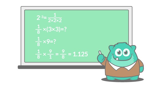 Cartoon of an exponent math question on a green chalkboard.