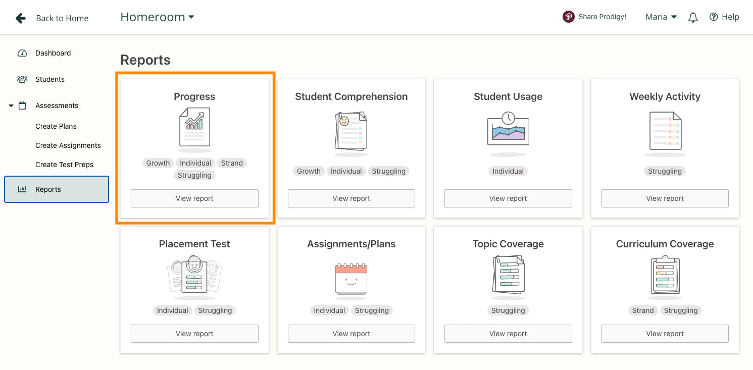 Reports tab in Prodigy's teacher dashboard.