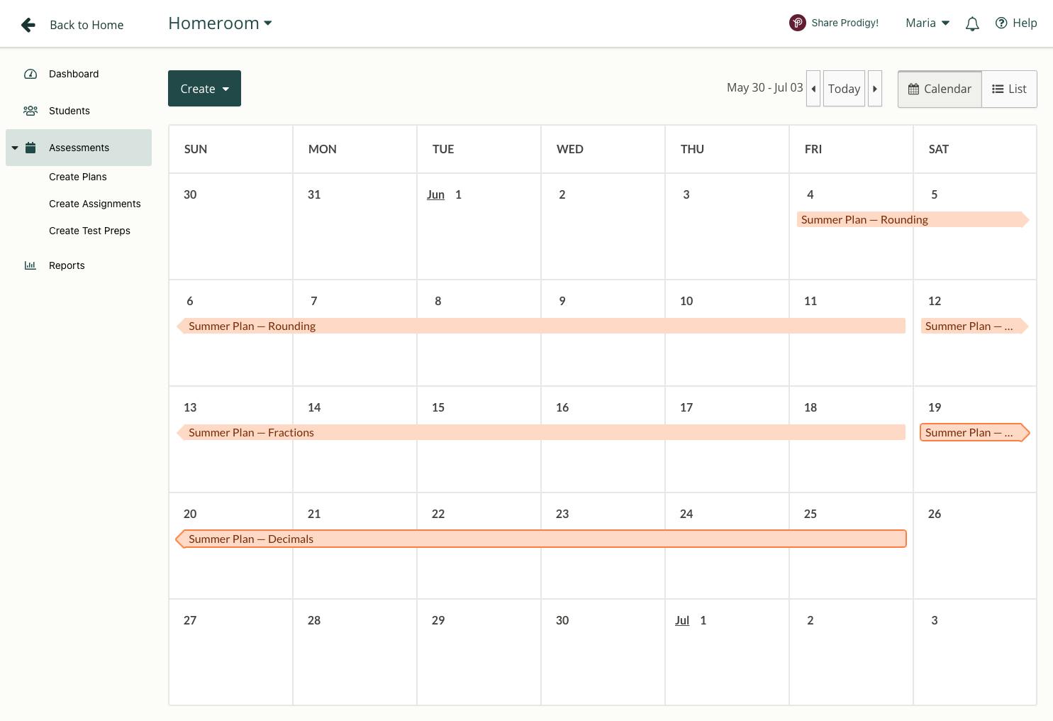 Summer calendar of Plans in Prodigy's teacher dashboard.